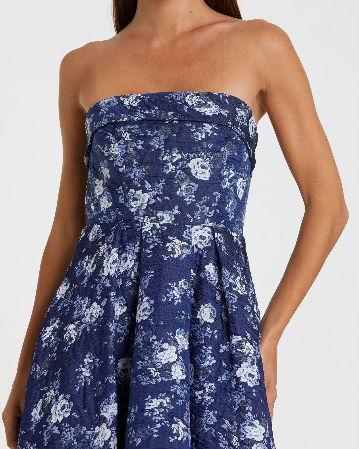 Blue Strapless Brocade Midi Dress-Myartka