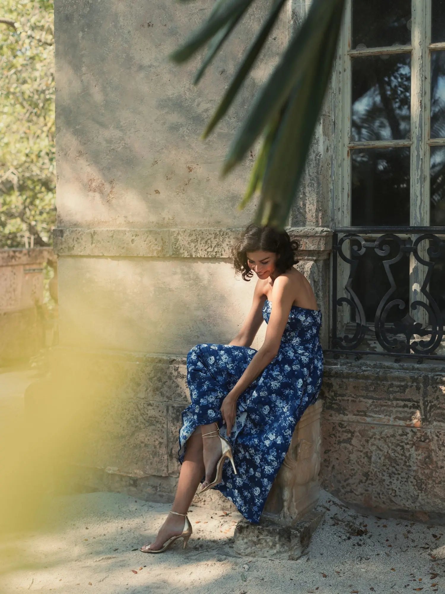 Blue Strapless Brocade Midi Dress-Myartka