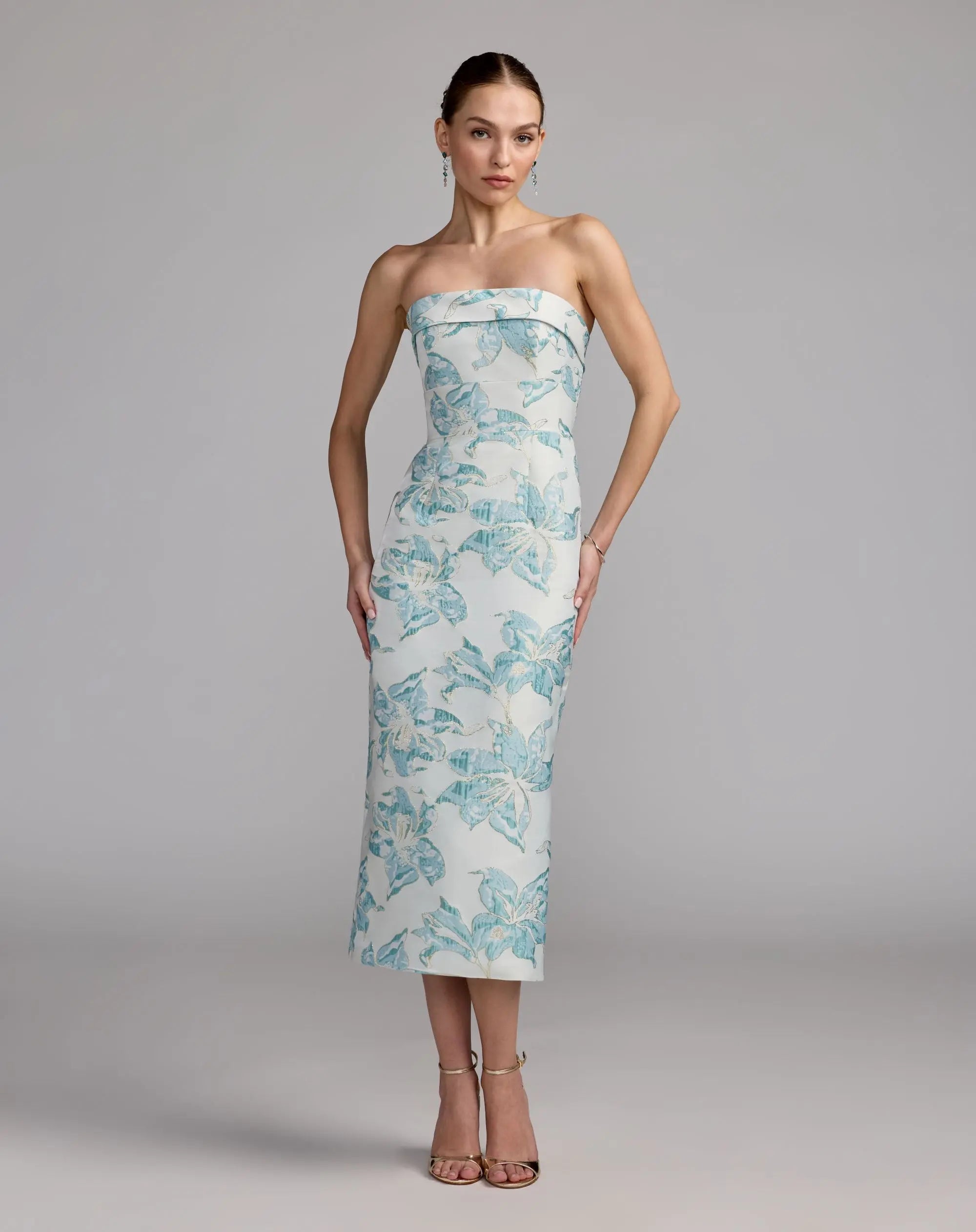 Blue and White Strapless Brocade Sheath Midi Dress-Myartka