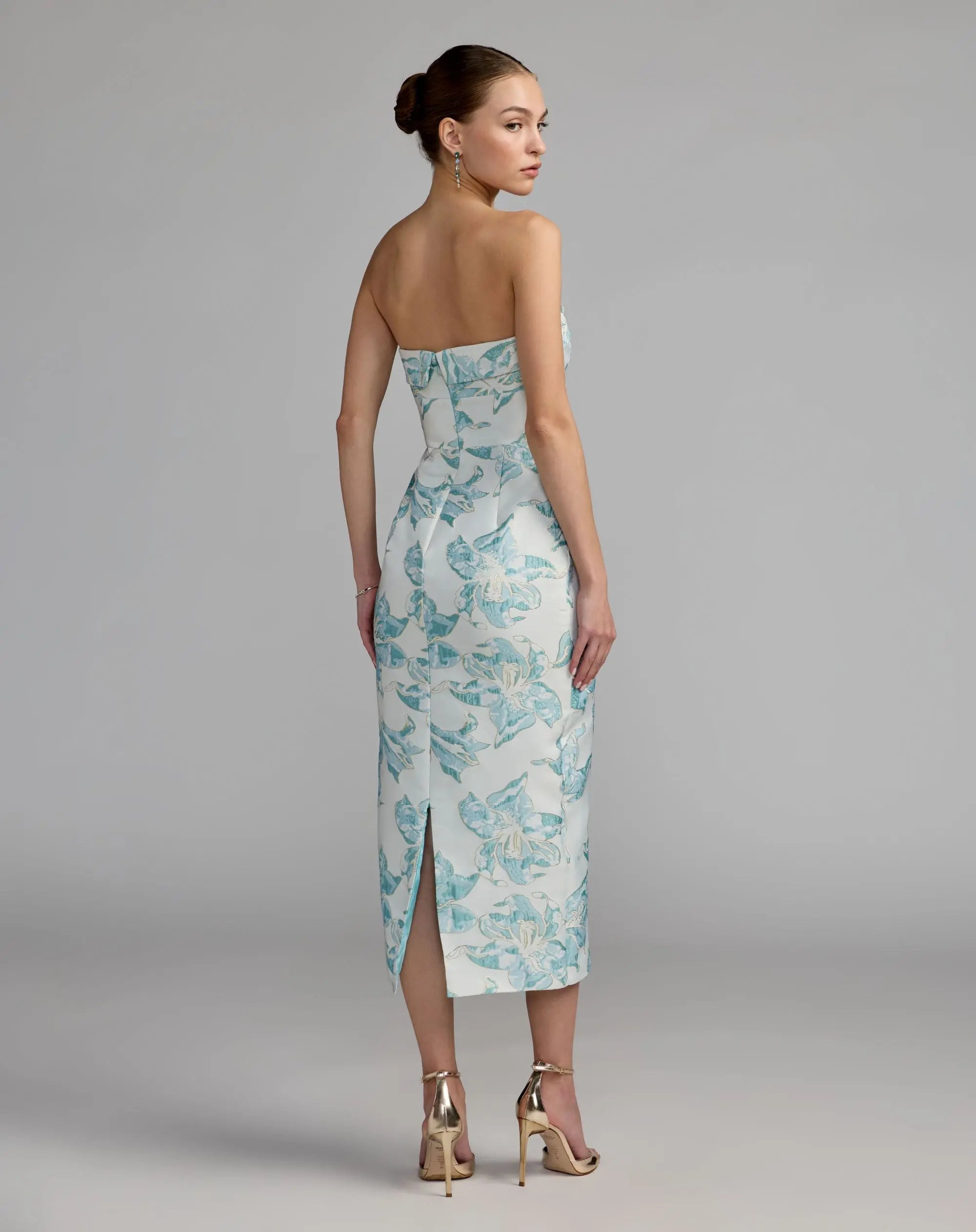 Blue and White Strapless Brocade Sheath Midi Dress-Myartka