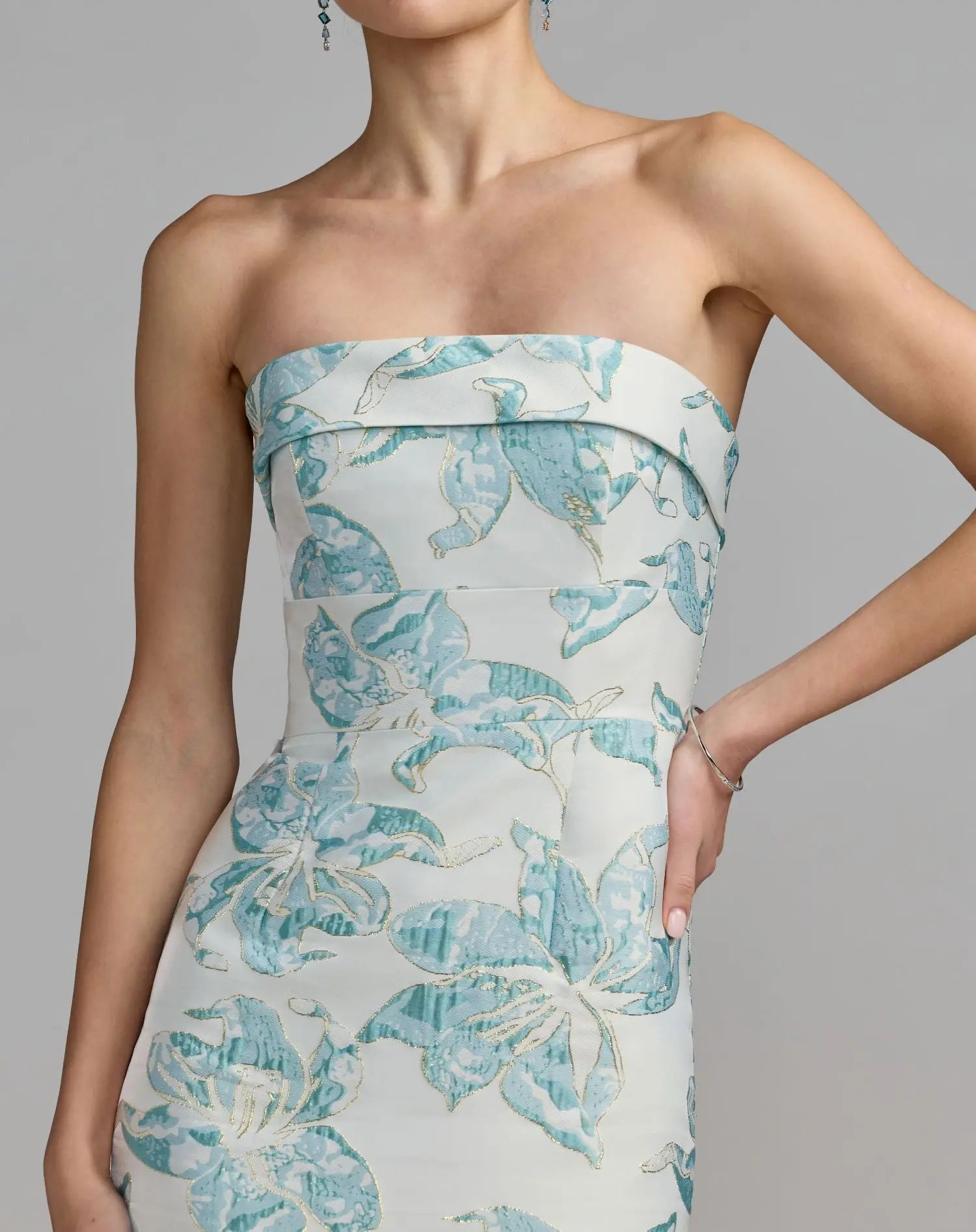 Blue and White Strapless Brocade Sheath Midi Dress-Myartka