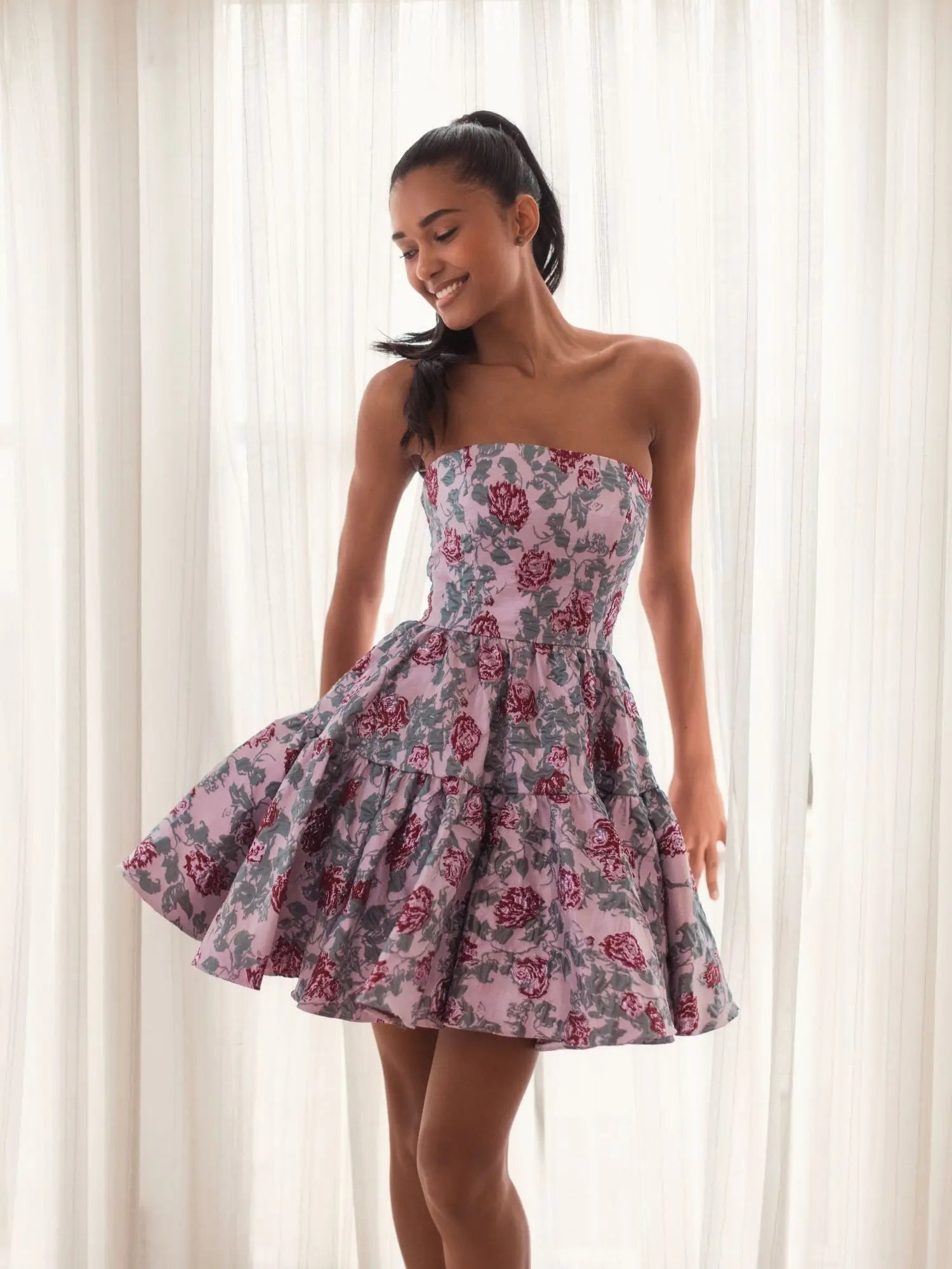 Pink Strapless Brocade Mini Dress-Myartka