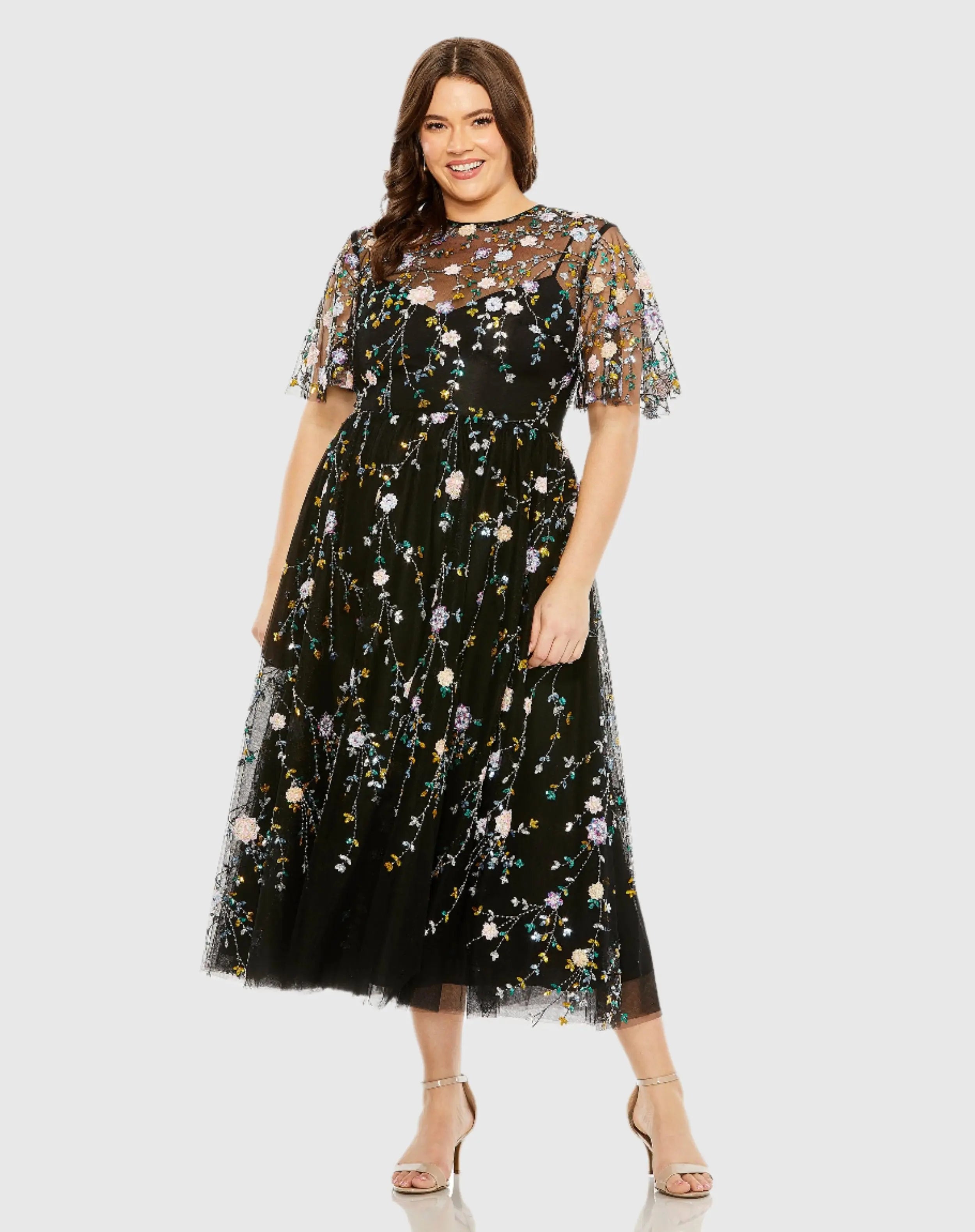 Black Floral Embroidered A-Line Midi Dress (Plus)-Myartka