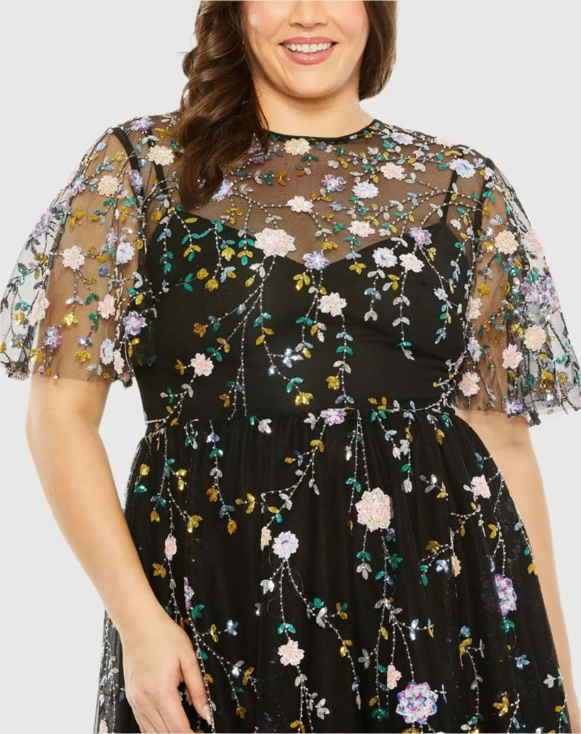 Black Floral Embroidered A-Line Midi Dress (Plus)-Myartka