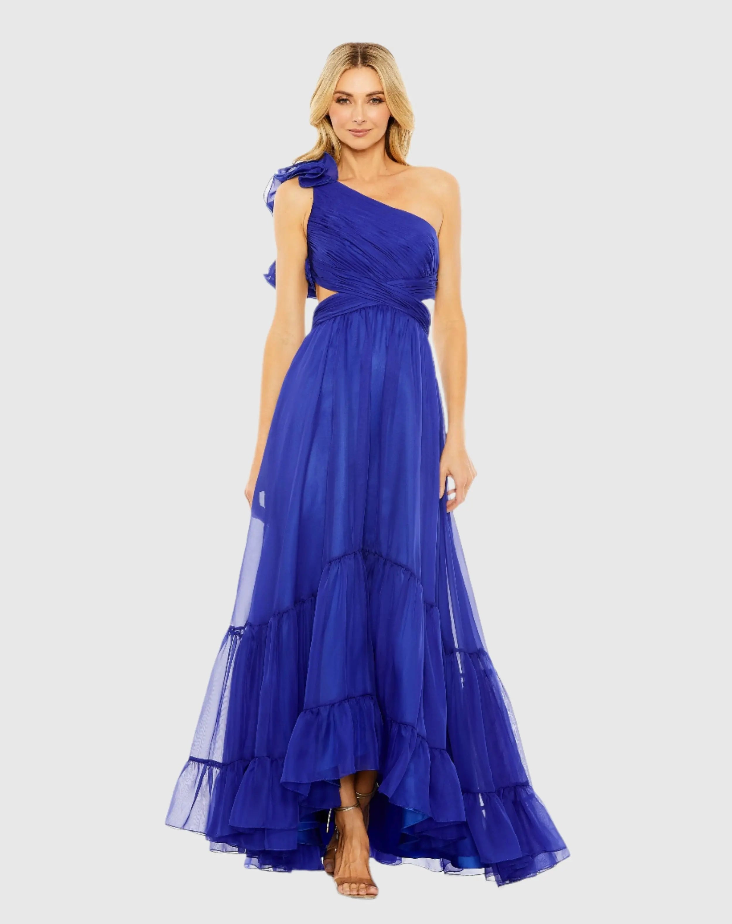 Blue One Shoulder Ruffle Tiered Cut-Out Chiffon Gown-Myartka