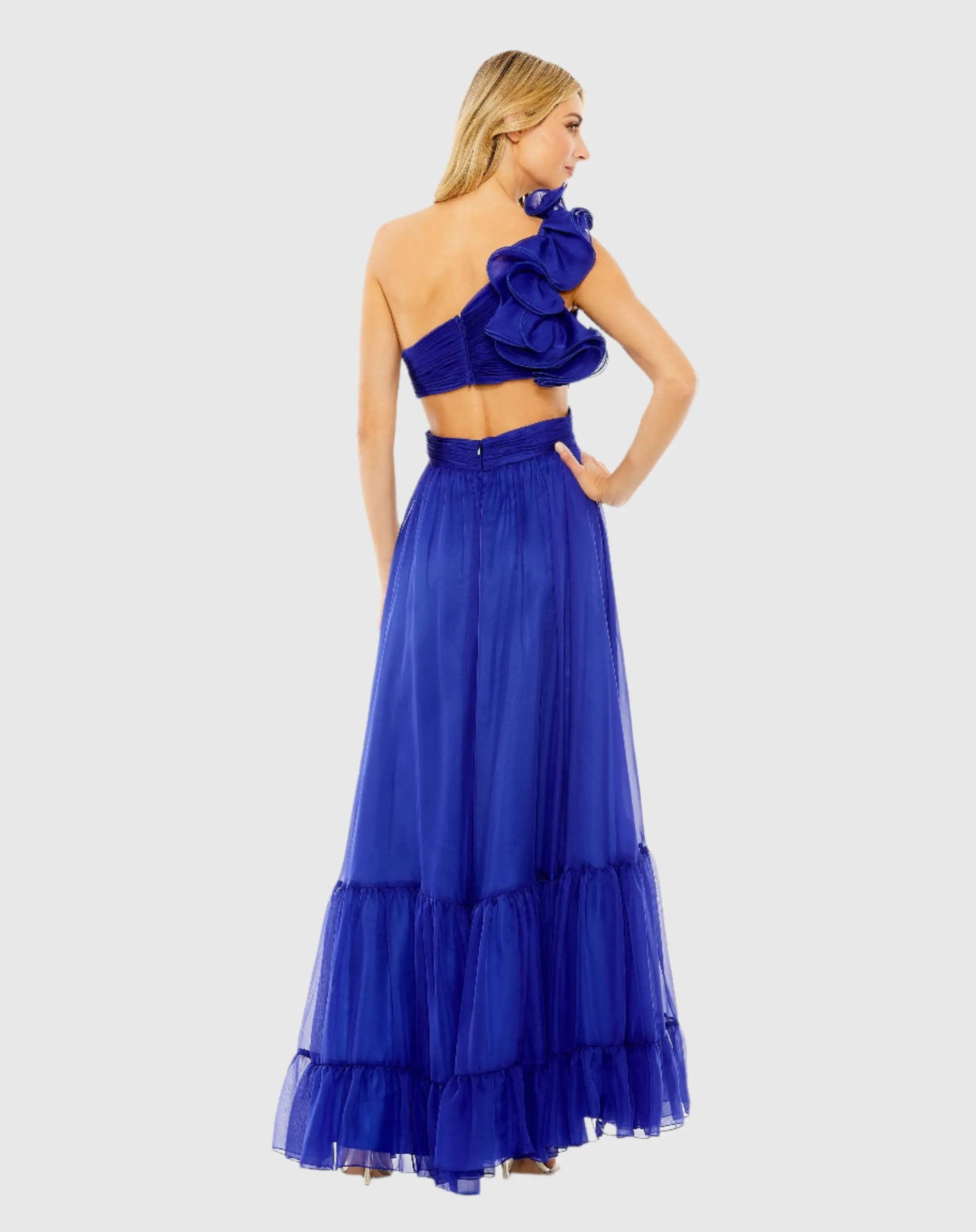 Blue One Shoulder Ruffle Tiered Cut-Out Chiffon Gown-Myartka