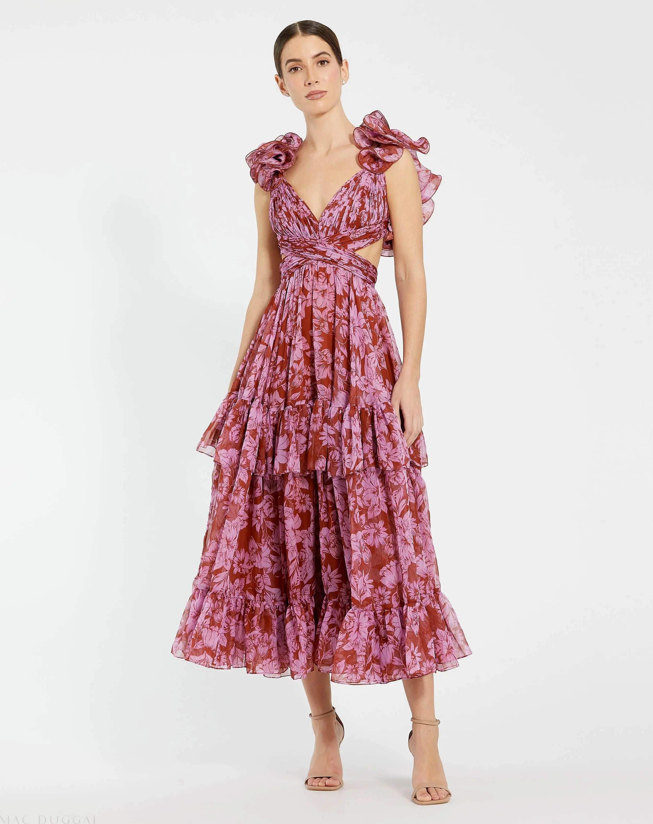 Red and Pink Ruffle Tiered Cut-Out Chiffon Midi Dress-Myartka