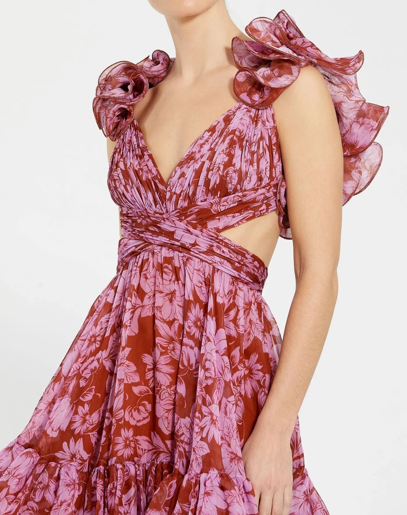 Red and Pink Ruffle Tiered Cut-Out Chiffon Midi Dress-Myartka