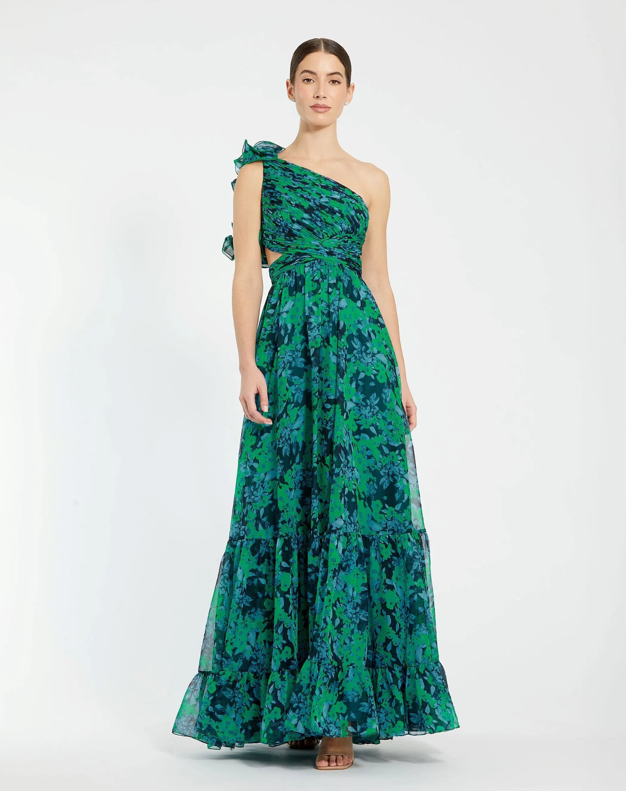 Green One Shoulder Ruffle Tiered Cut-Out Chiffon Gown-Myartka