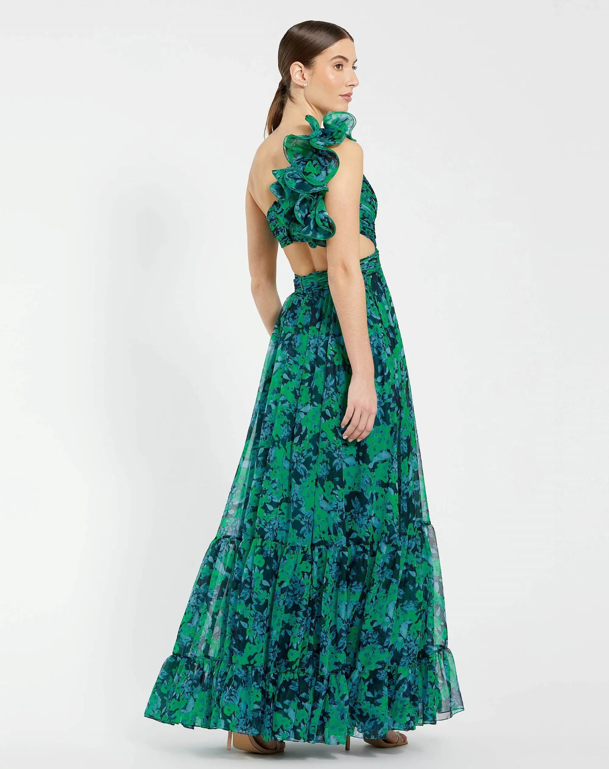 Green One Shoulder Ruffle Tiered Cut-Out Chiffon Gown-Myartka