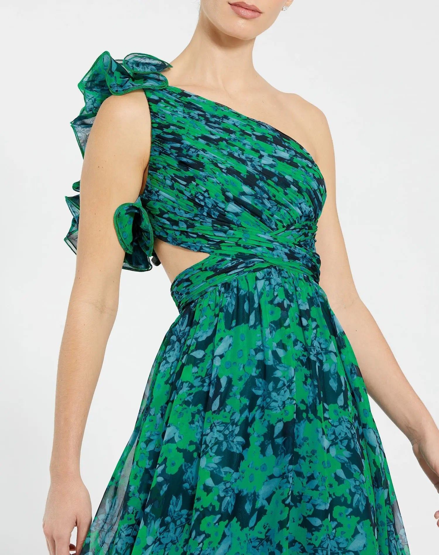 Green One Shoulder Ruffle Tiered Cut-Out Chiffon Gown-Myartka