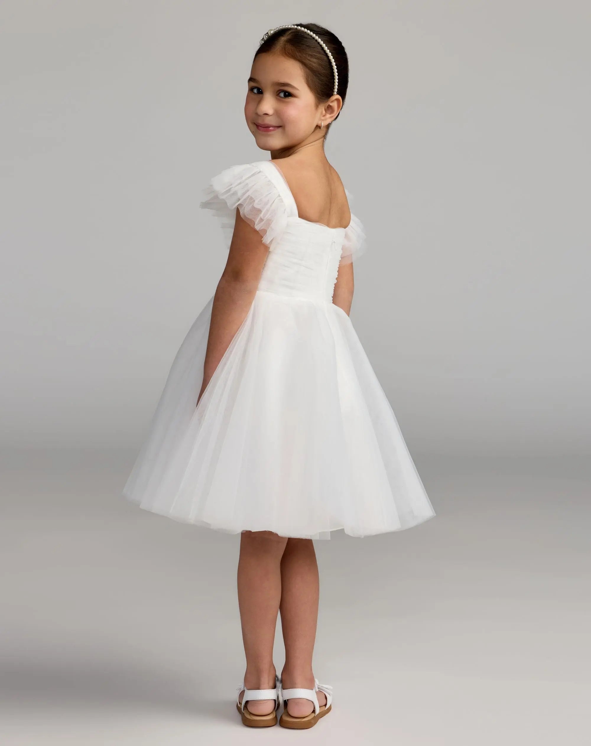 Girls White Ruffle Shoulder Tulle Dress-Myartka