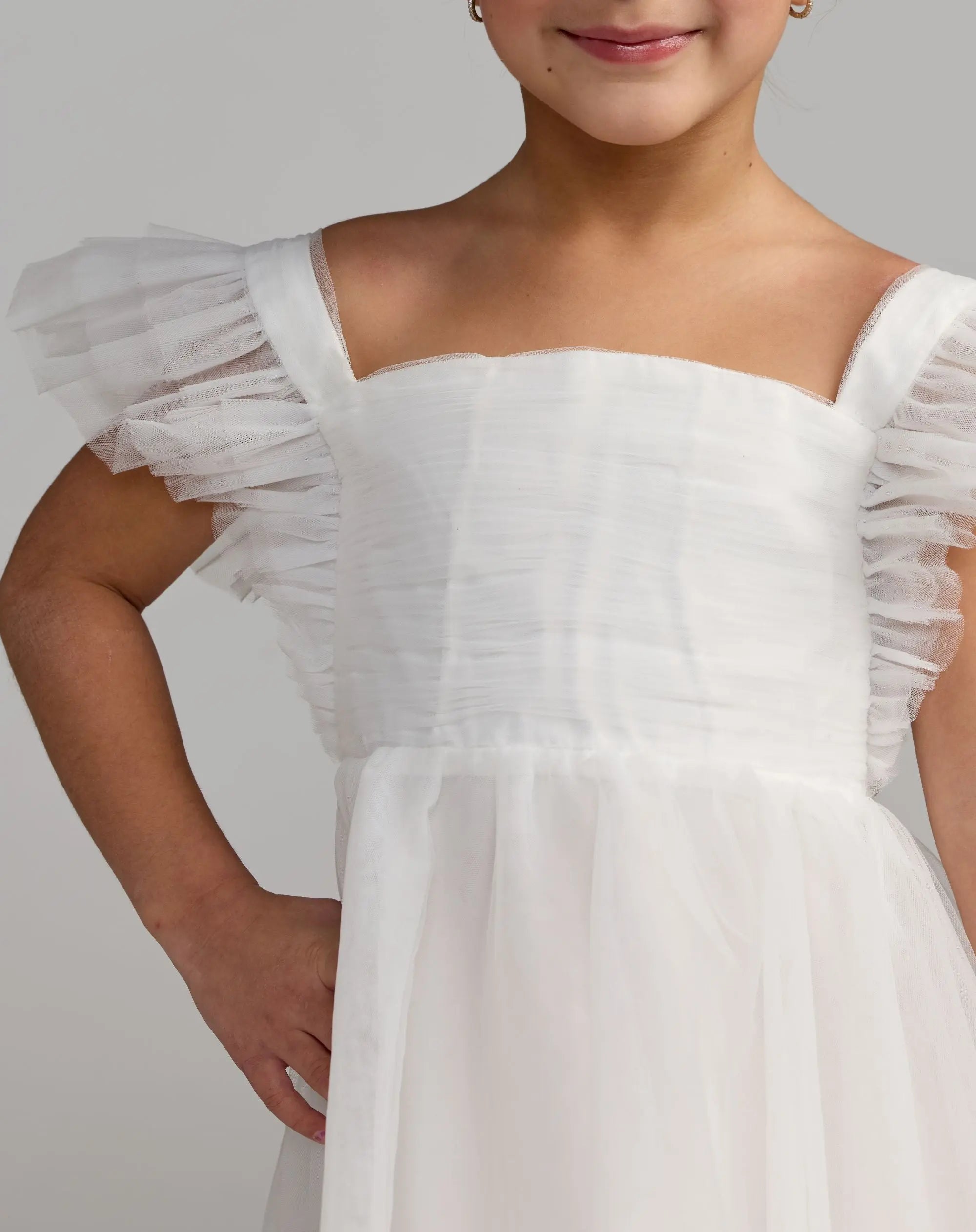 Girls White Ruffle Shoulder Tulle Dress-Myartka