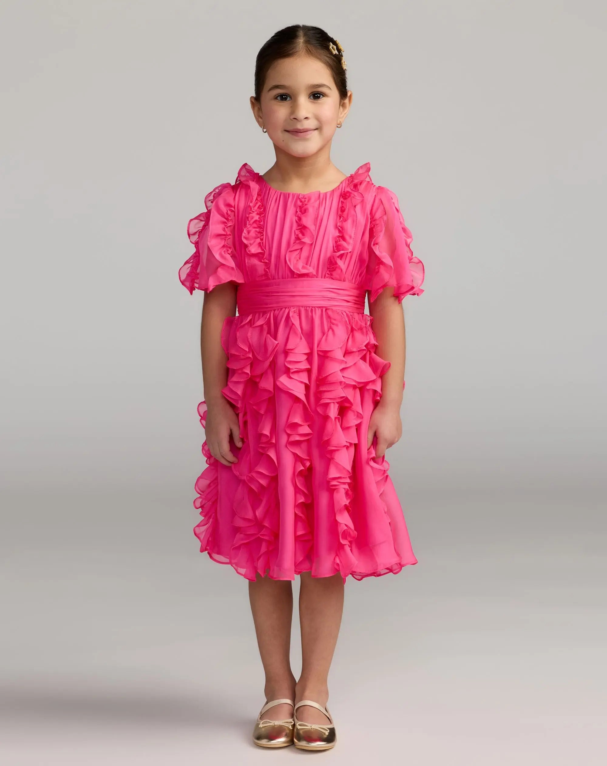 Girls Pink Chiffon High Neck Ruffle Dress-Myartka
