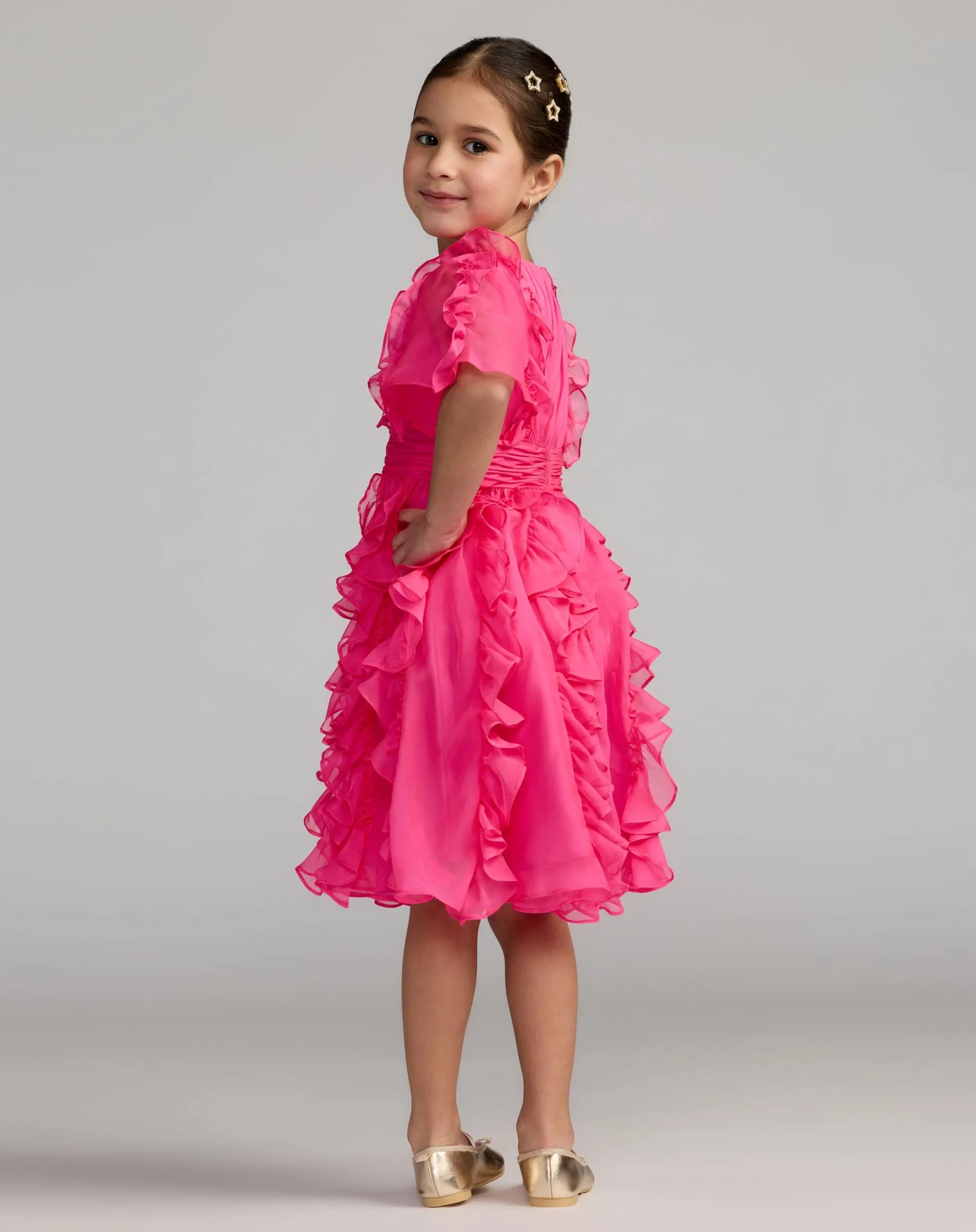 Girls Pink Chiffon High Neck Ruffle Dress-Myartka