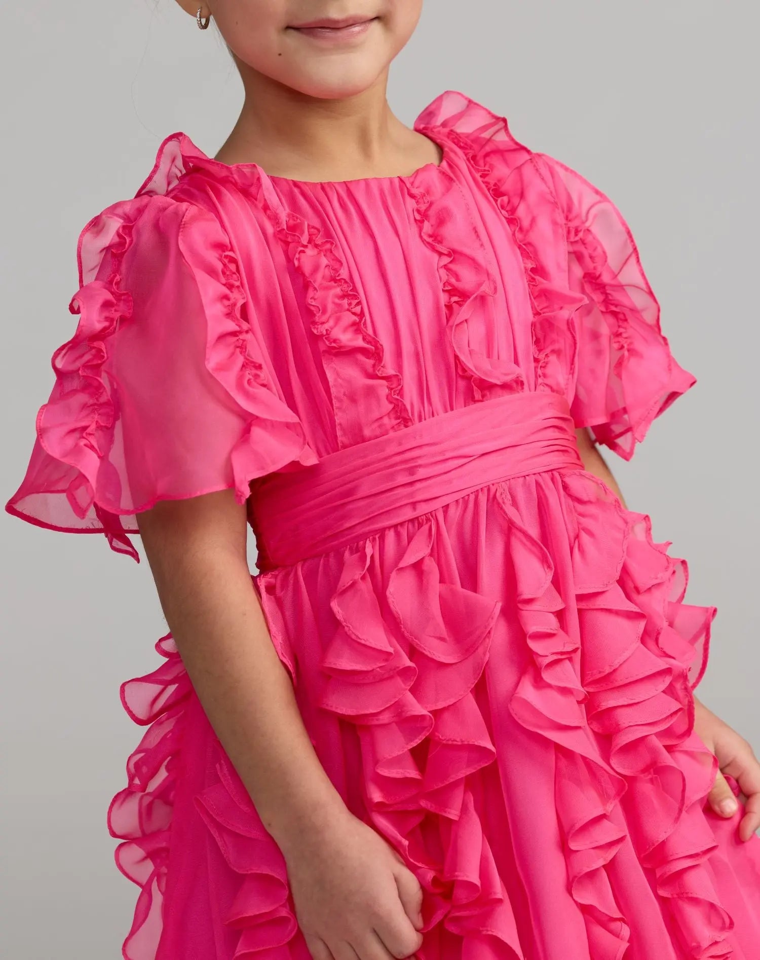 Girls Pink Chiffon High Neck Ruffle Dress-Myartka
