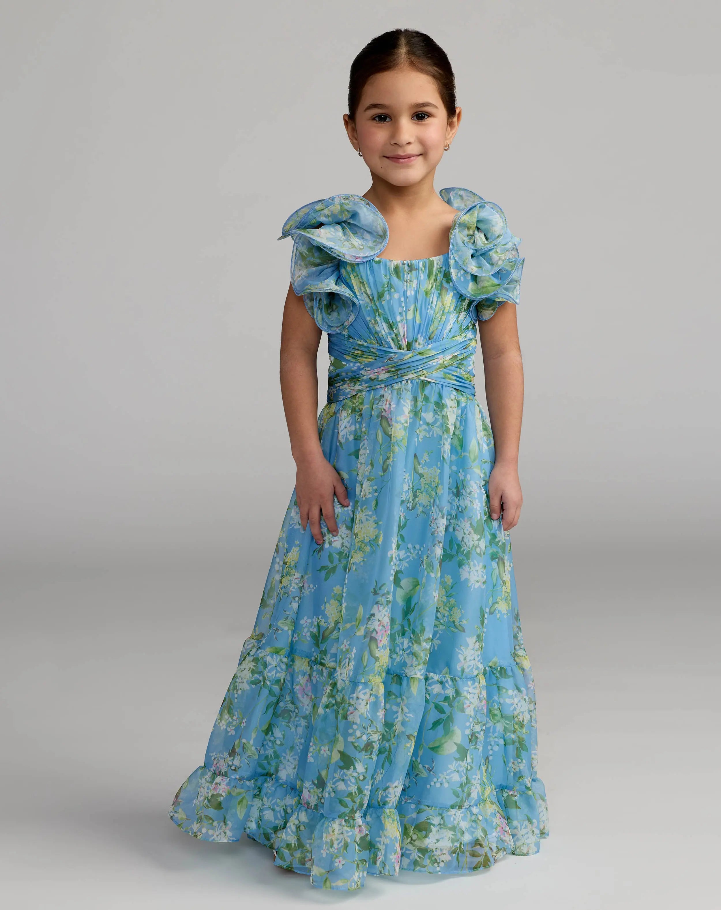 Girls Blue Floral Chiffon Ruffle Shoulder Dress-Myartka