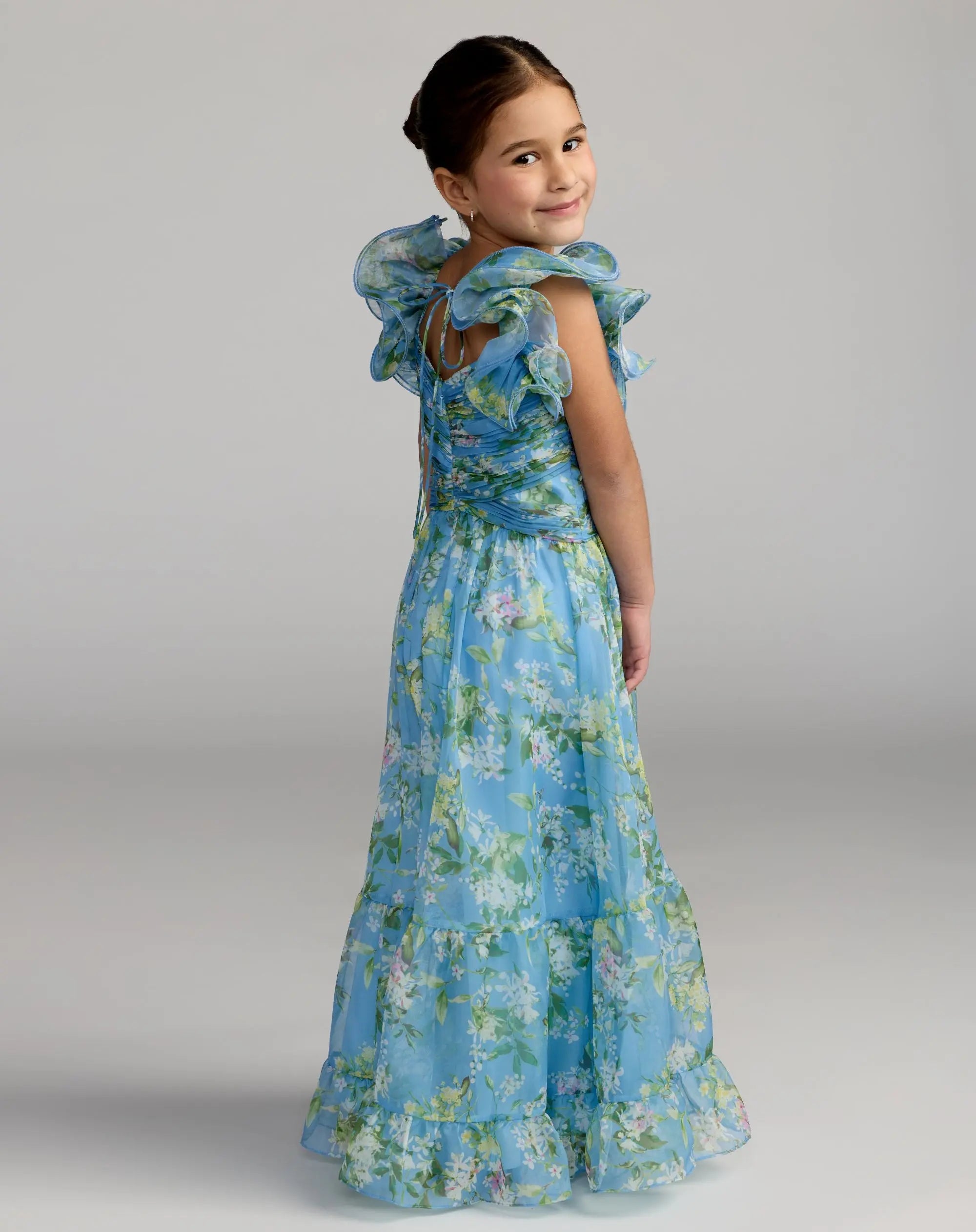 Girls Blue Floral Chiffon Ruffle Shoulder Dress-Myartka