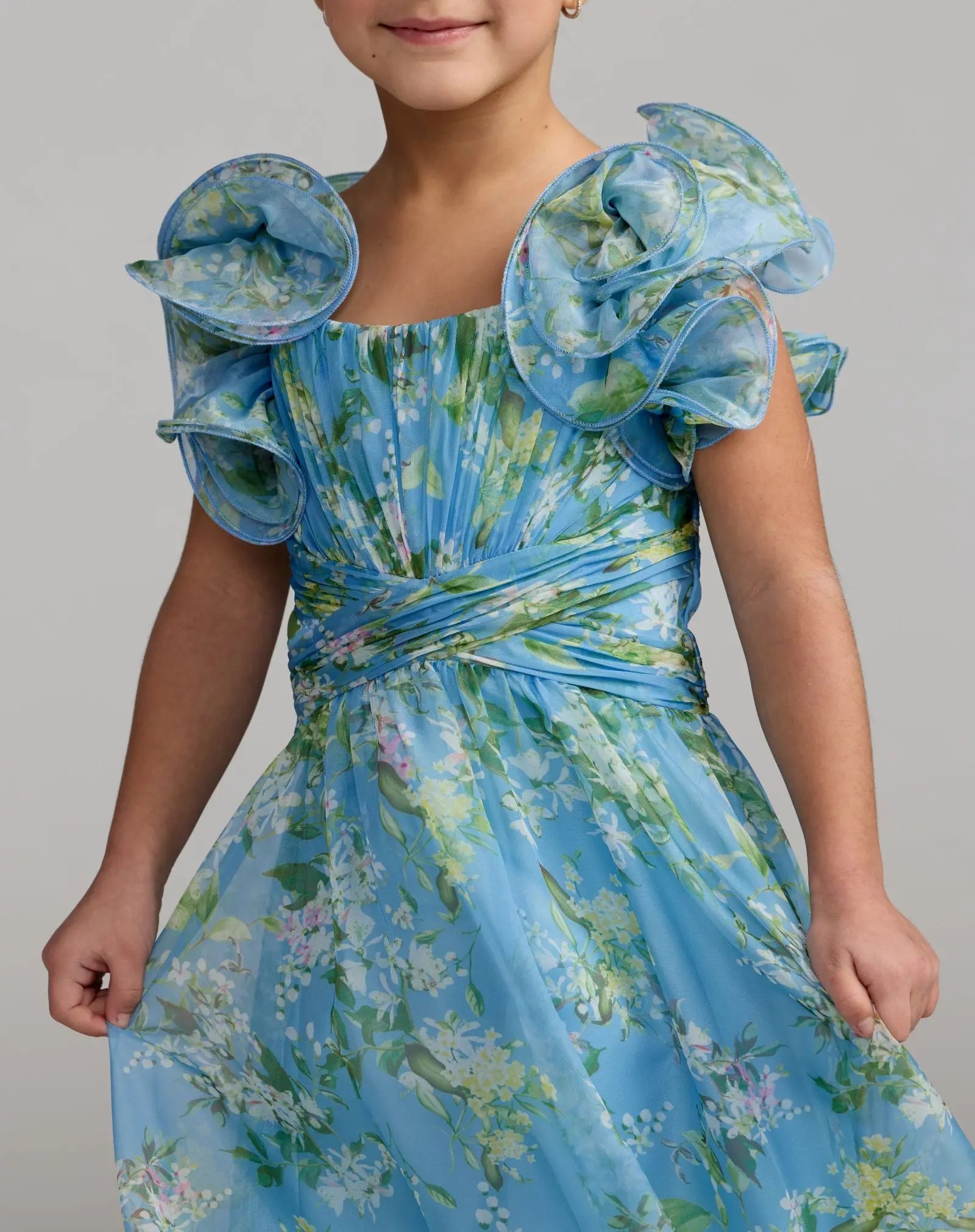Girls Blue Floral Chiffon Ruffle Shoulder Dress-Myartka