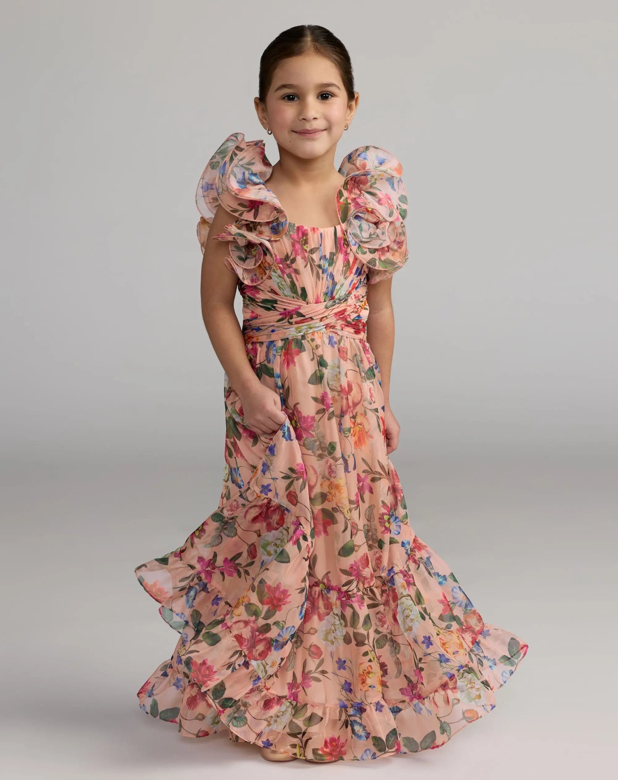 Girls Pink Floral Chiffon Ruffle Shoulder Dress-Myartka