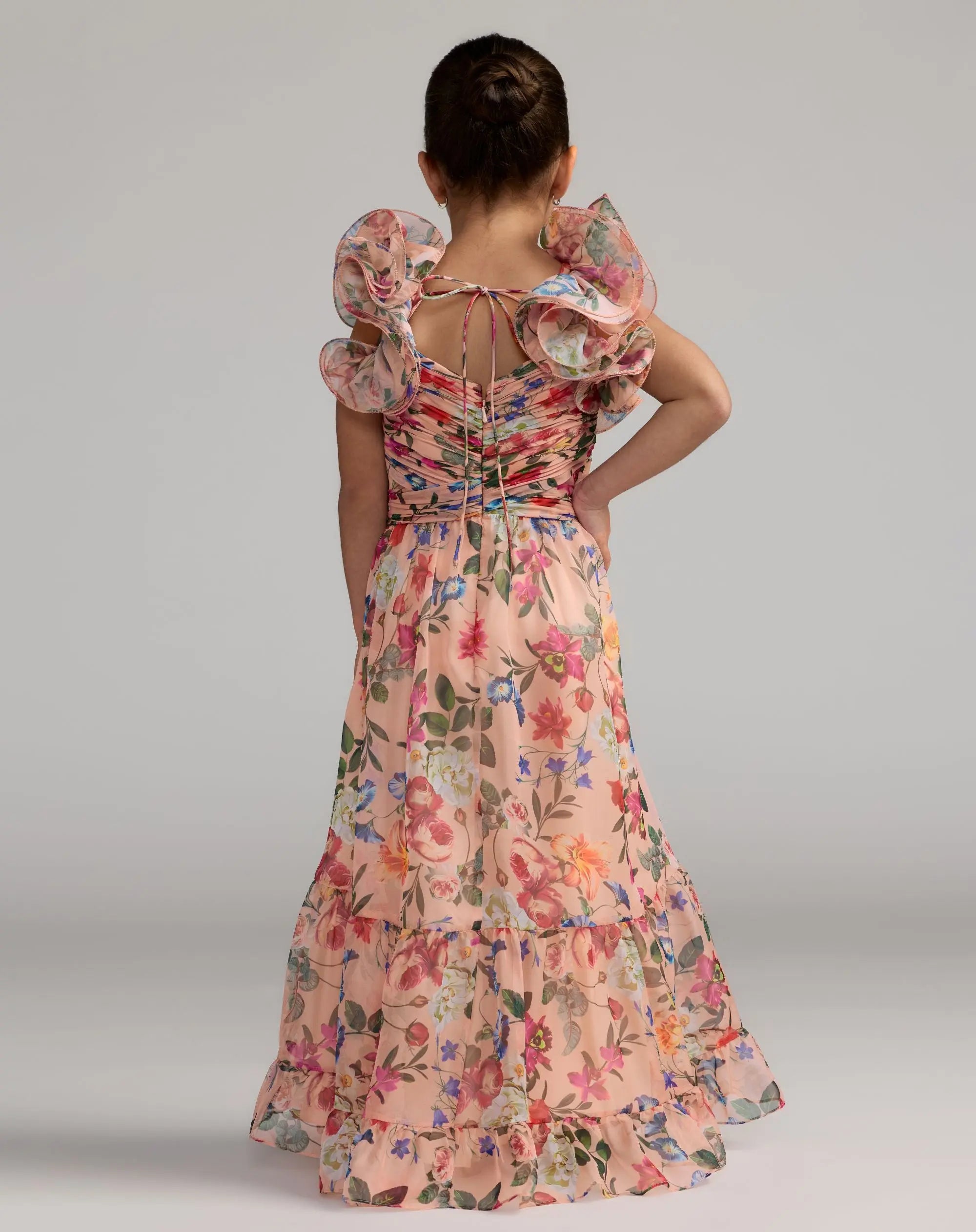 Girls Pink Floral Chiffon Ruffle Shoulder Dress-Myartka