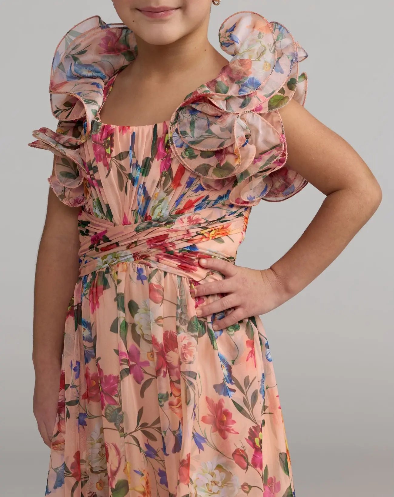 Girls Pink Floral Chiffon Ruffle Shoulder Dress-Myartka