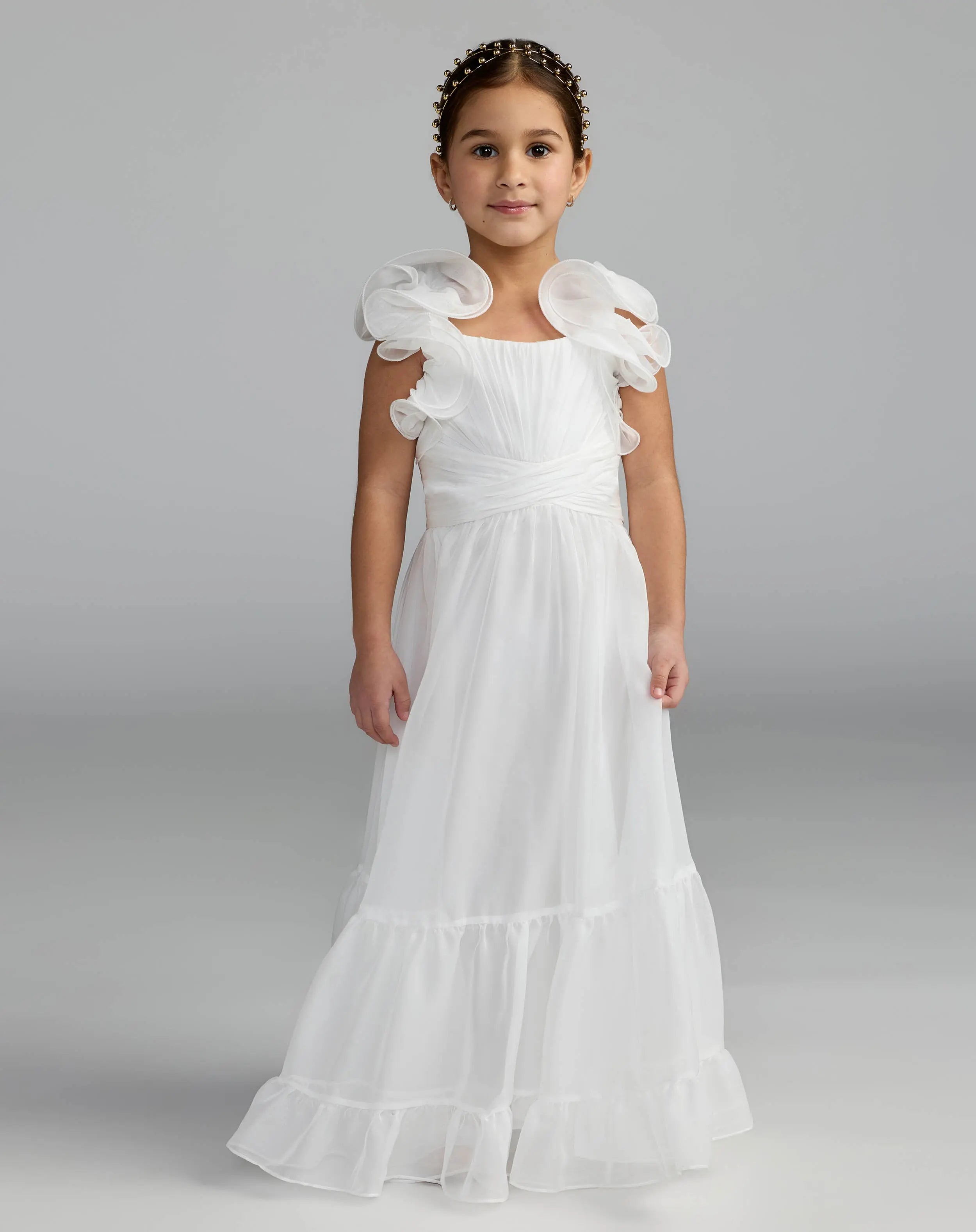 Girls White Chiffon Ruffle Shoulder Long Dress-Myartka