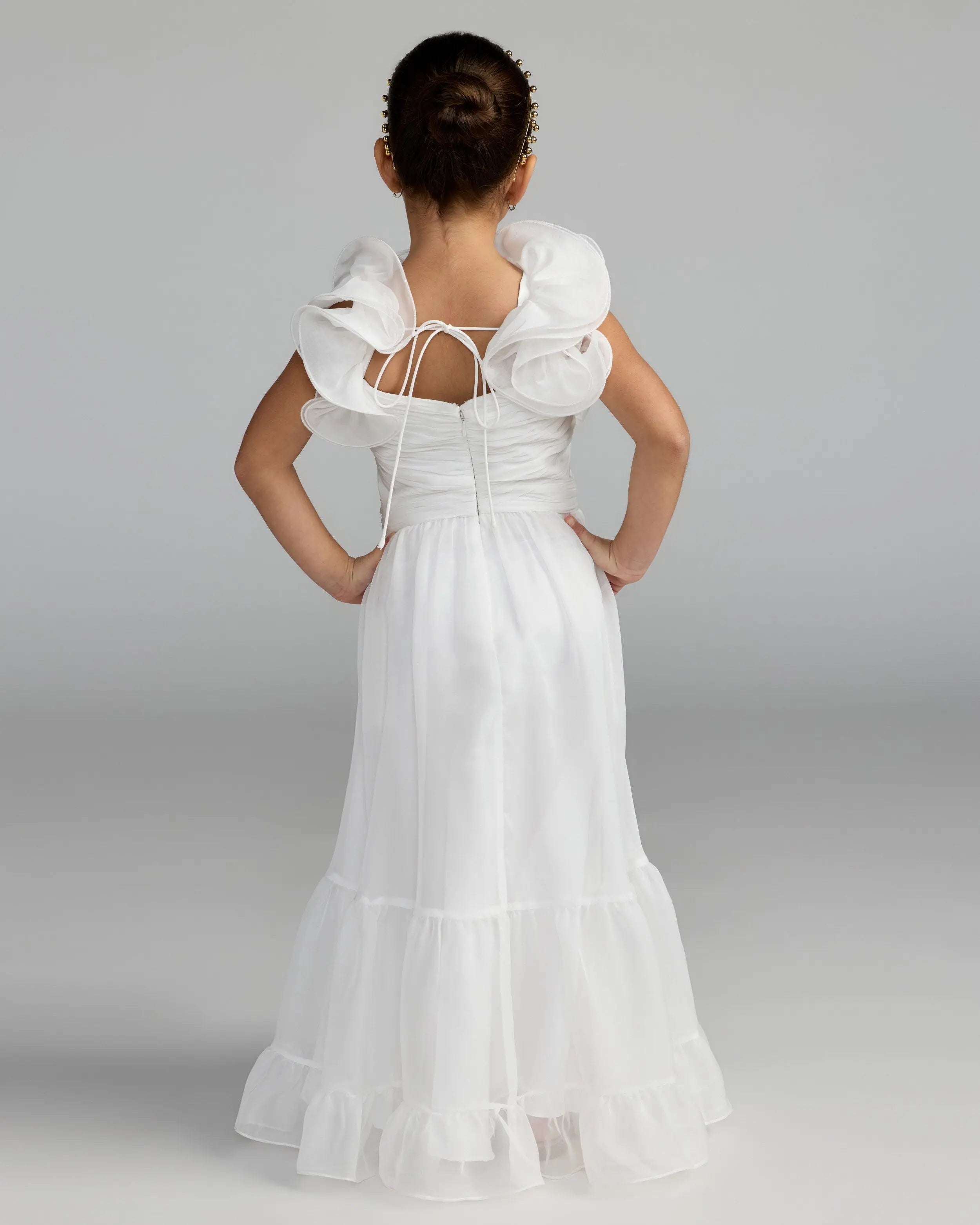 Girls White Chiffon Ruffle Shoulder Long Dress-Myartka