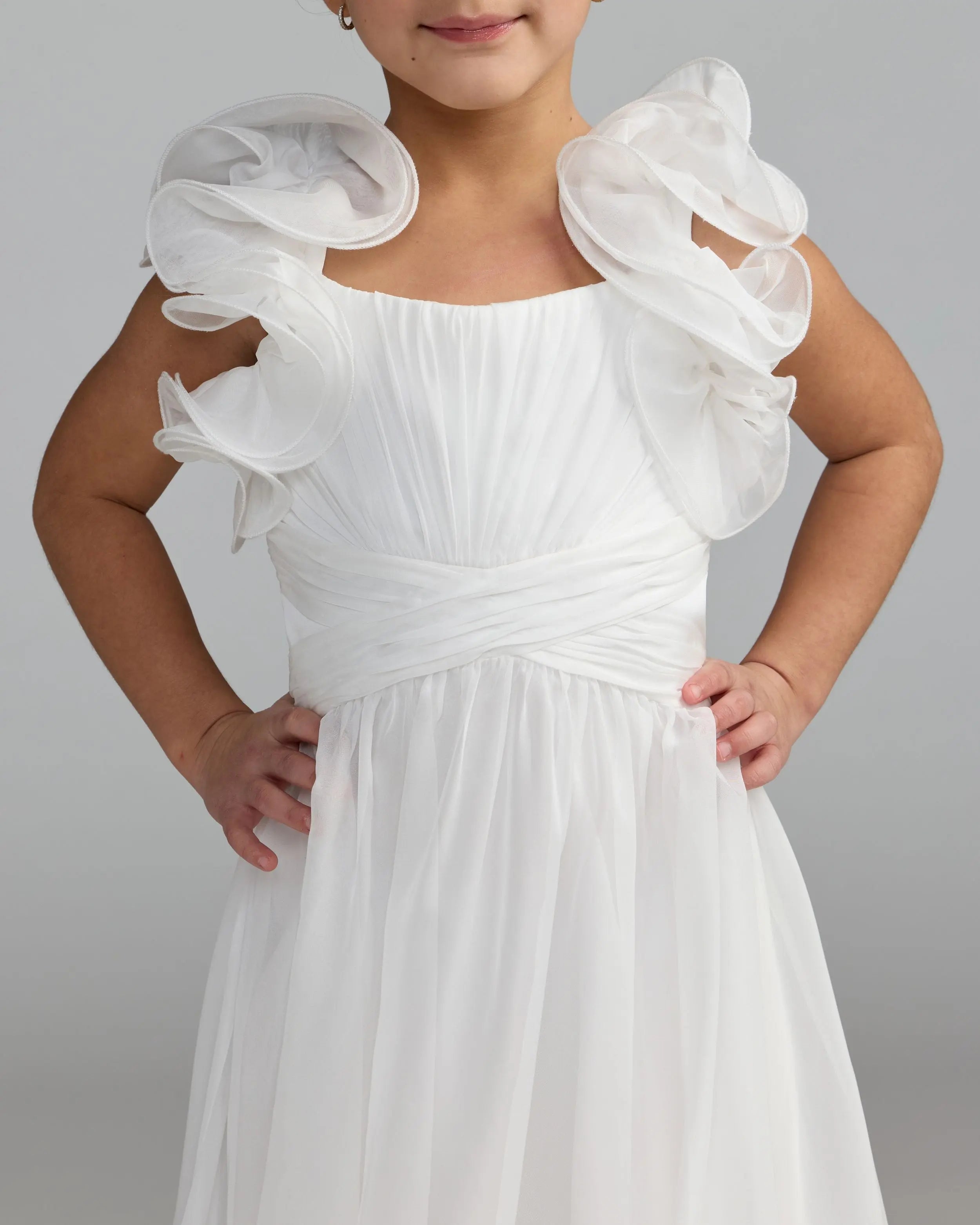 Girls White Chiffon Ruffle Shoulder Long Dress-Myartka