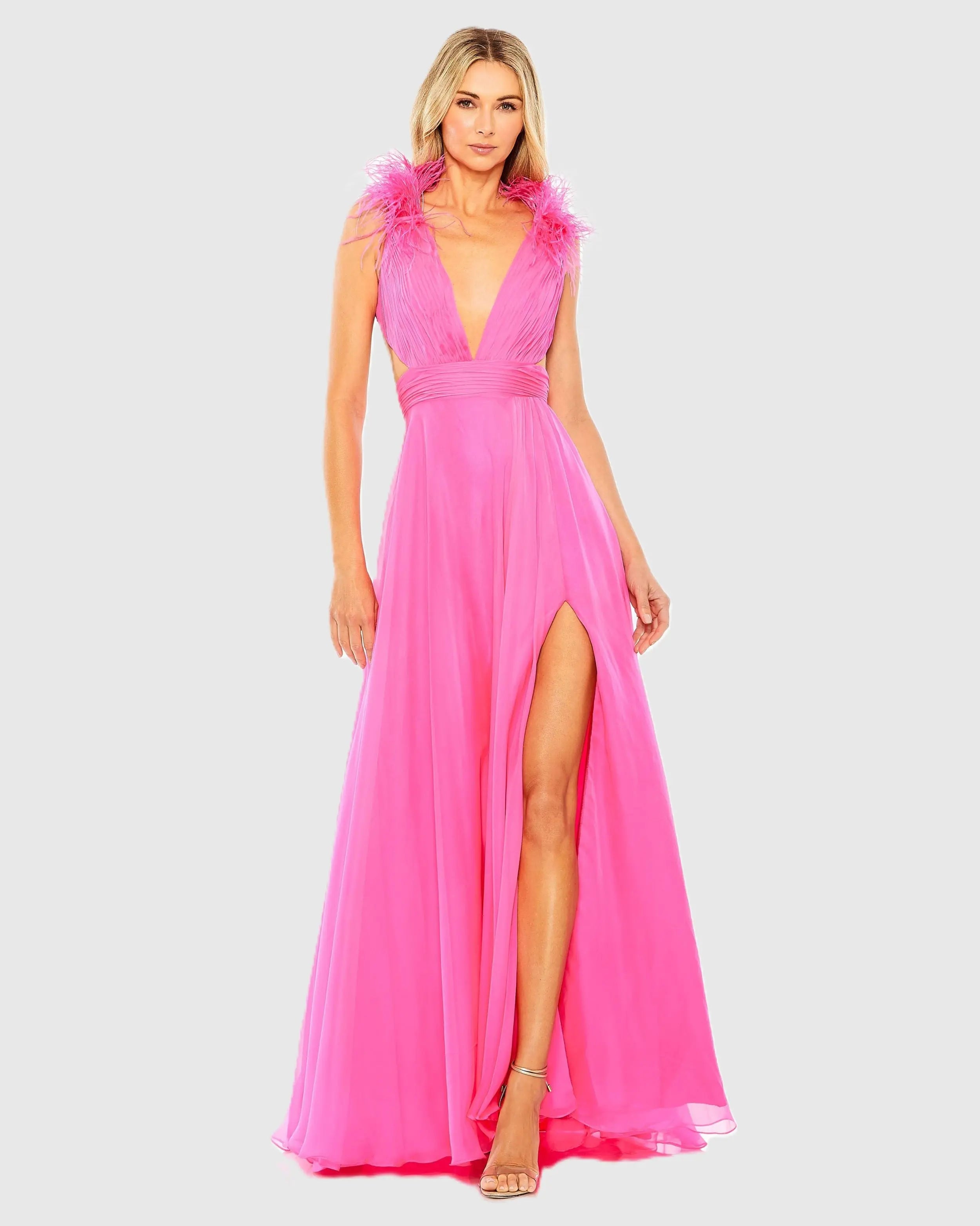 Pink A-Line V Neck Feathered Collar Gown-Myartka