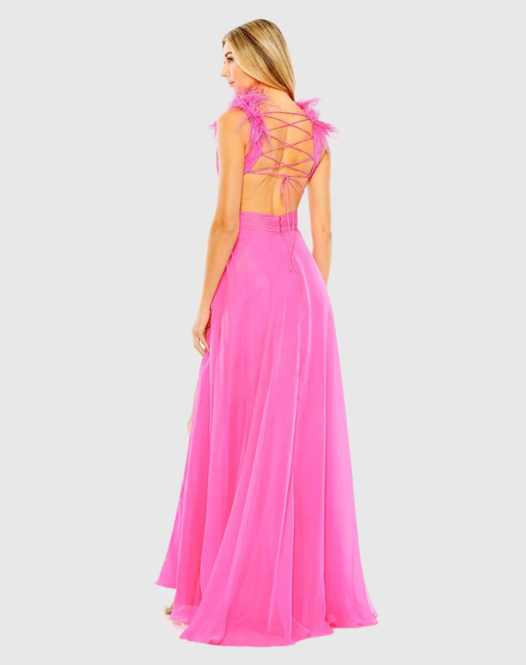 Pink A-Line V Neck Feathered Collar Gown-Myartka