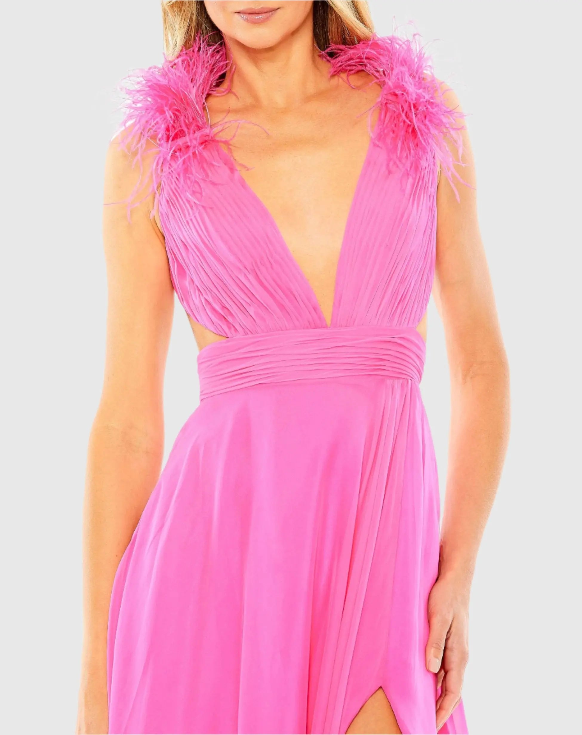 Pink A-Line V Neck Feathered Collar Gown-Myartka