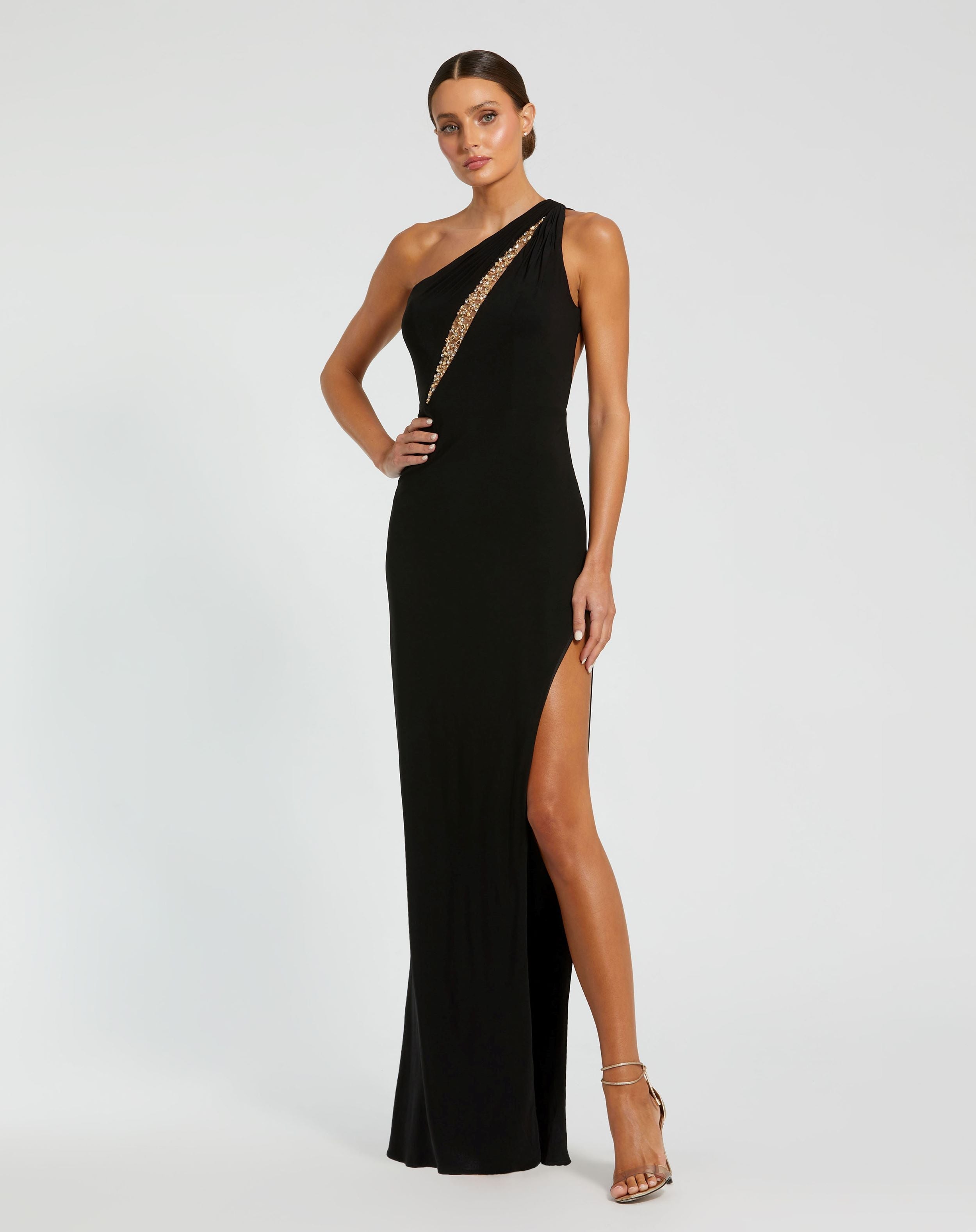 Black One Shoulder Gown with Sheer Embellished Cut Out-Myartka