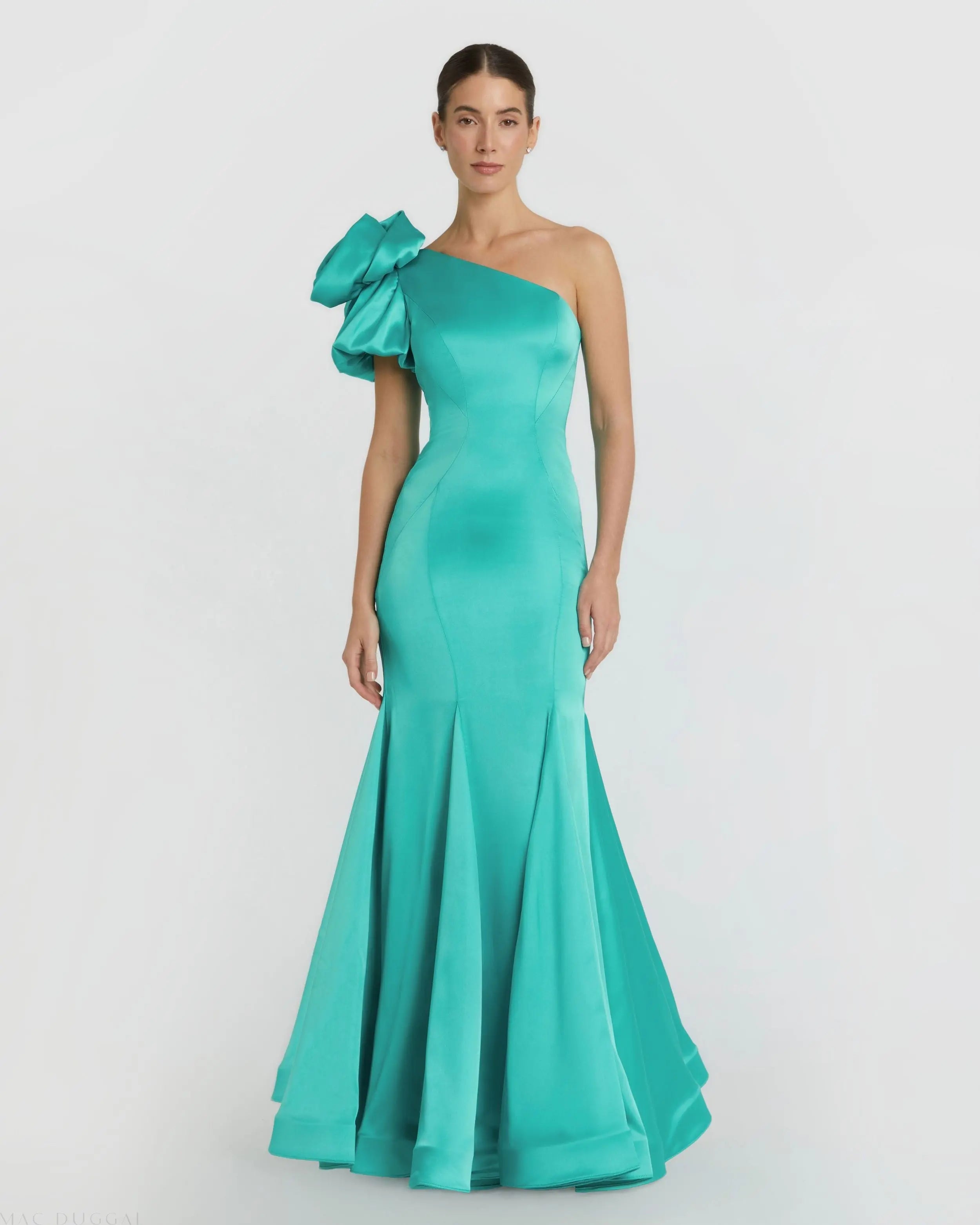 Green One Shoulder Bustier Satin Mermaid Gown-Myartka