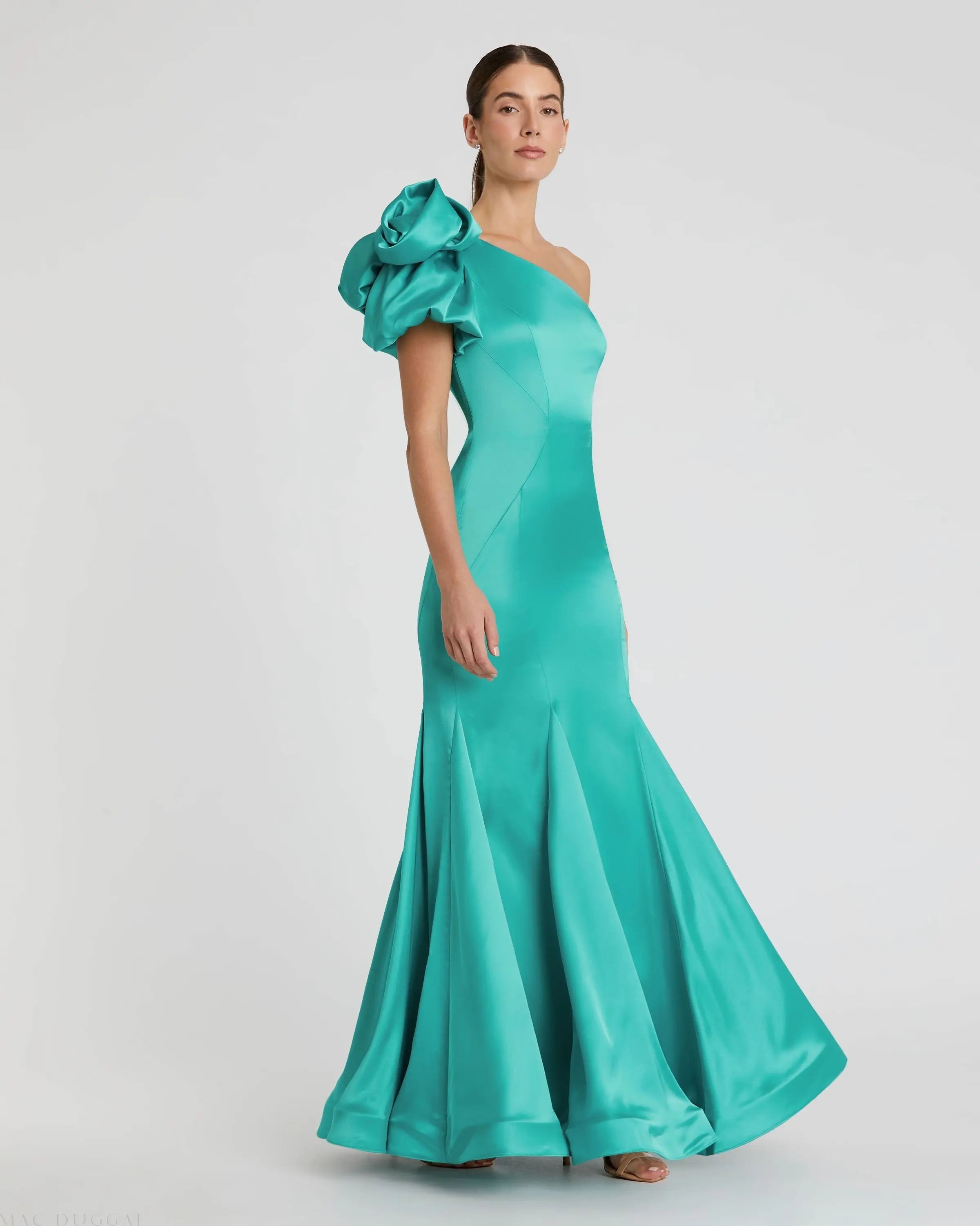 Green One Shoulder Bustier Satin Mermaid Gown-Myartka