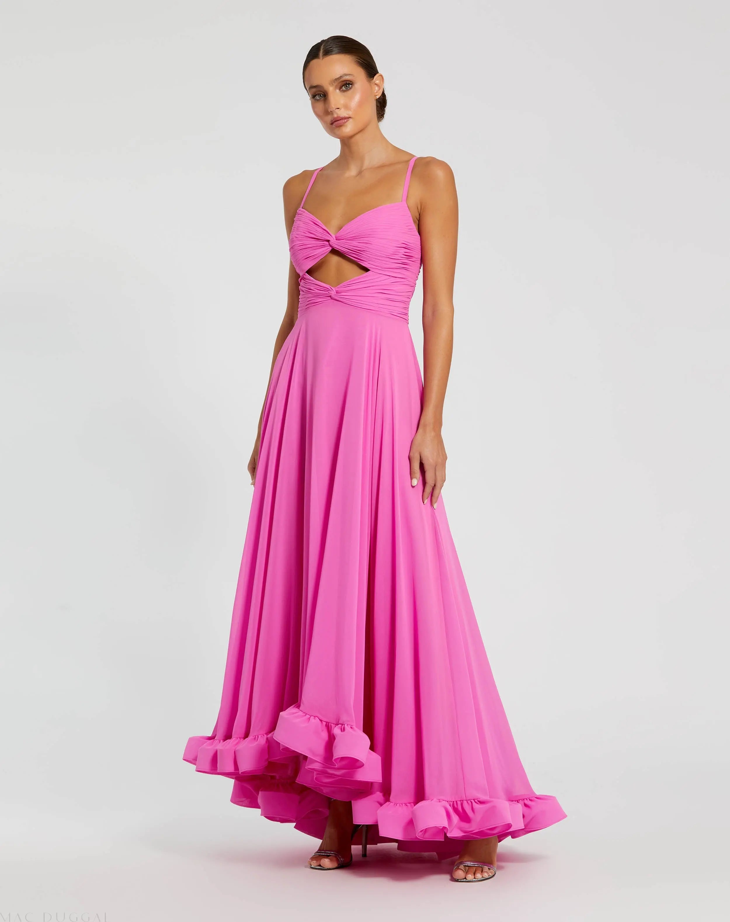 Pink Spaghetti Strap Chiffon Sweetheart High Low Gown-Myartka
