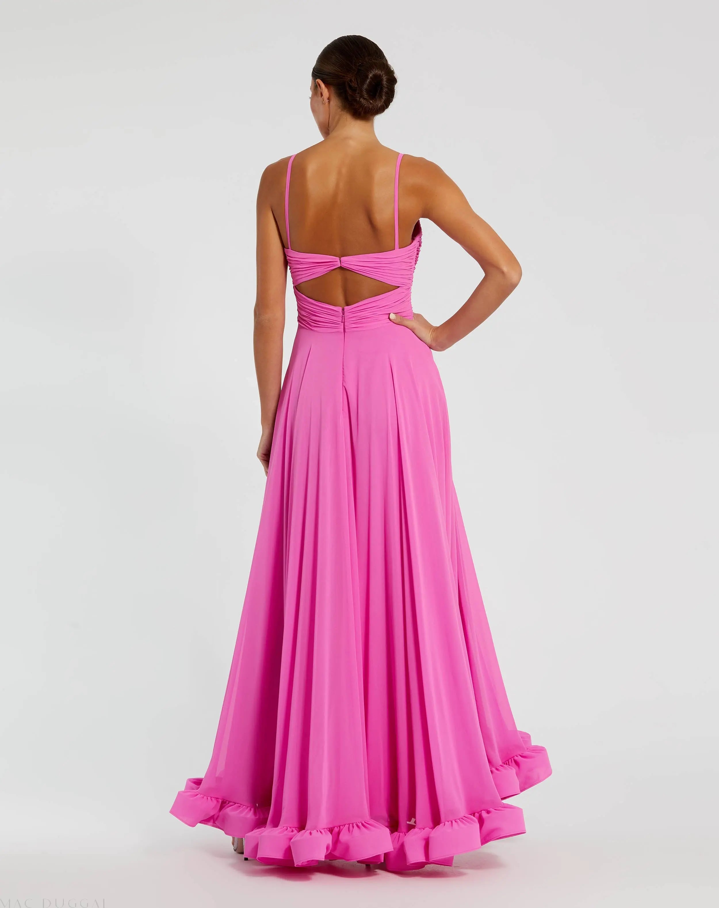 Pink Spaghetti Strap Chiffon Sweetheart High Low Gown-Myartka