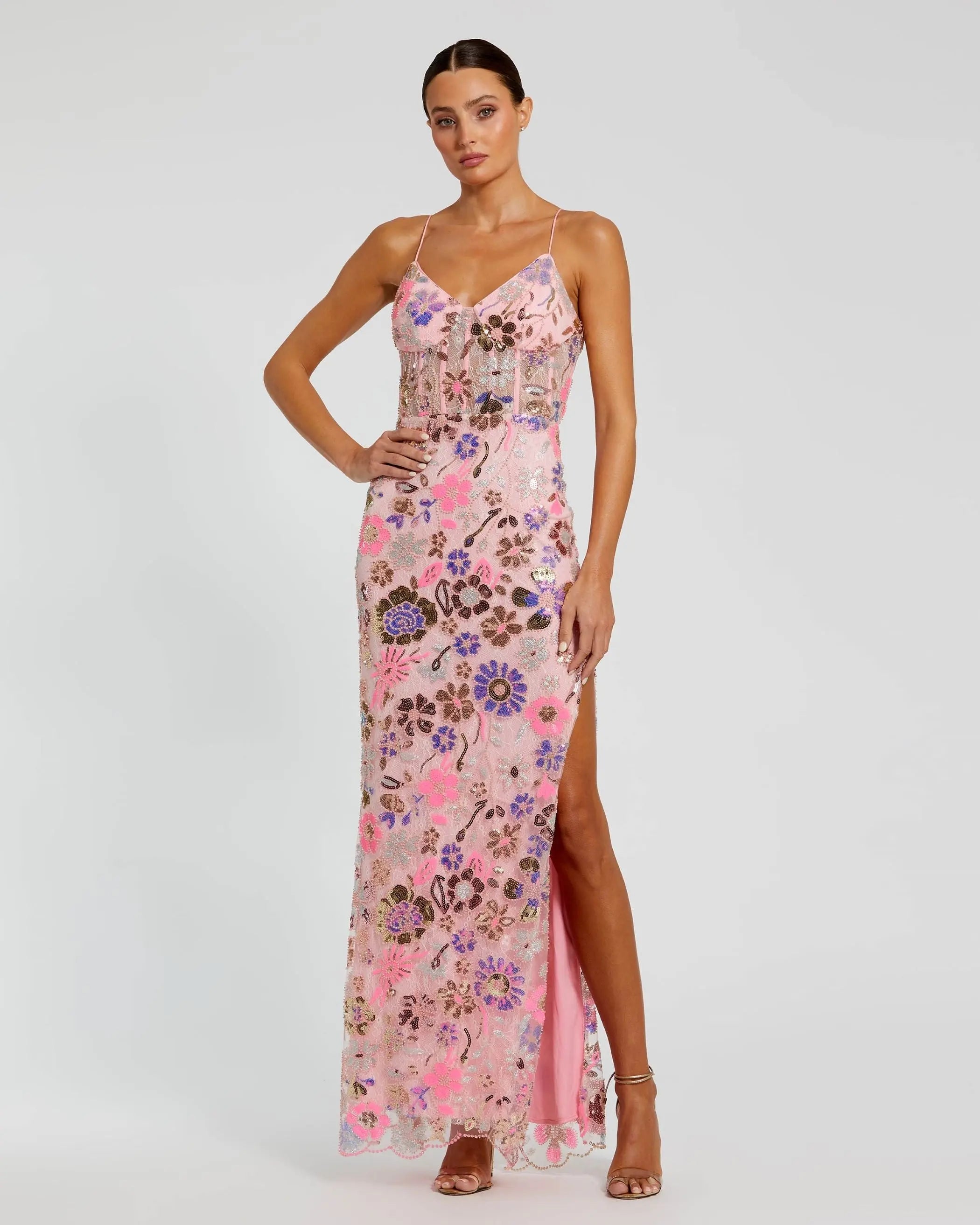 Pink Spaghetti Strap Bustier Applique Gown with Slit-Myartka