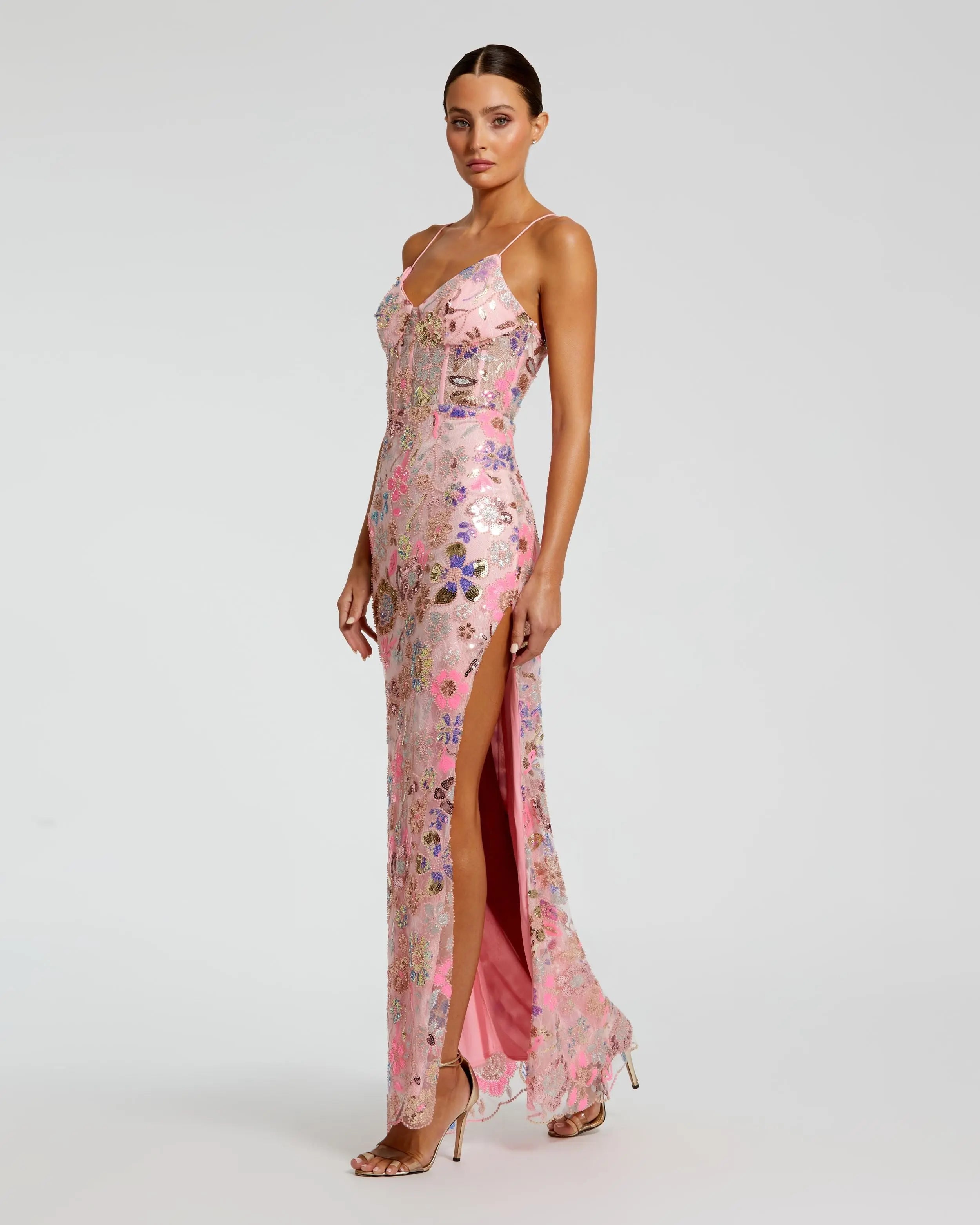 Pink Spaghetti Strap Bustier Applique Gown with Slit-Myartka