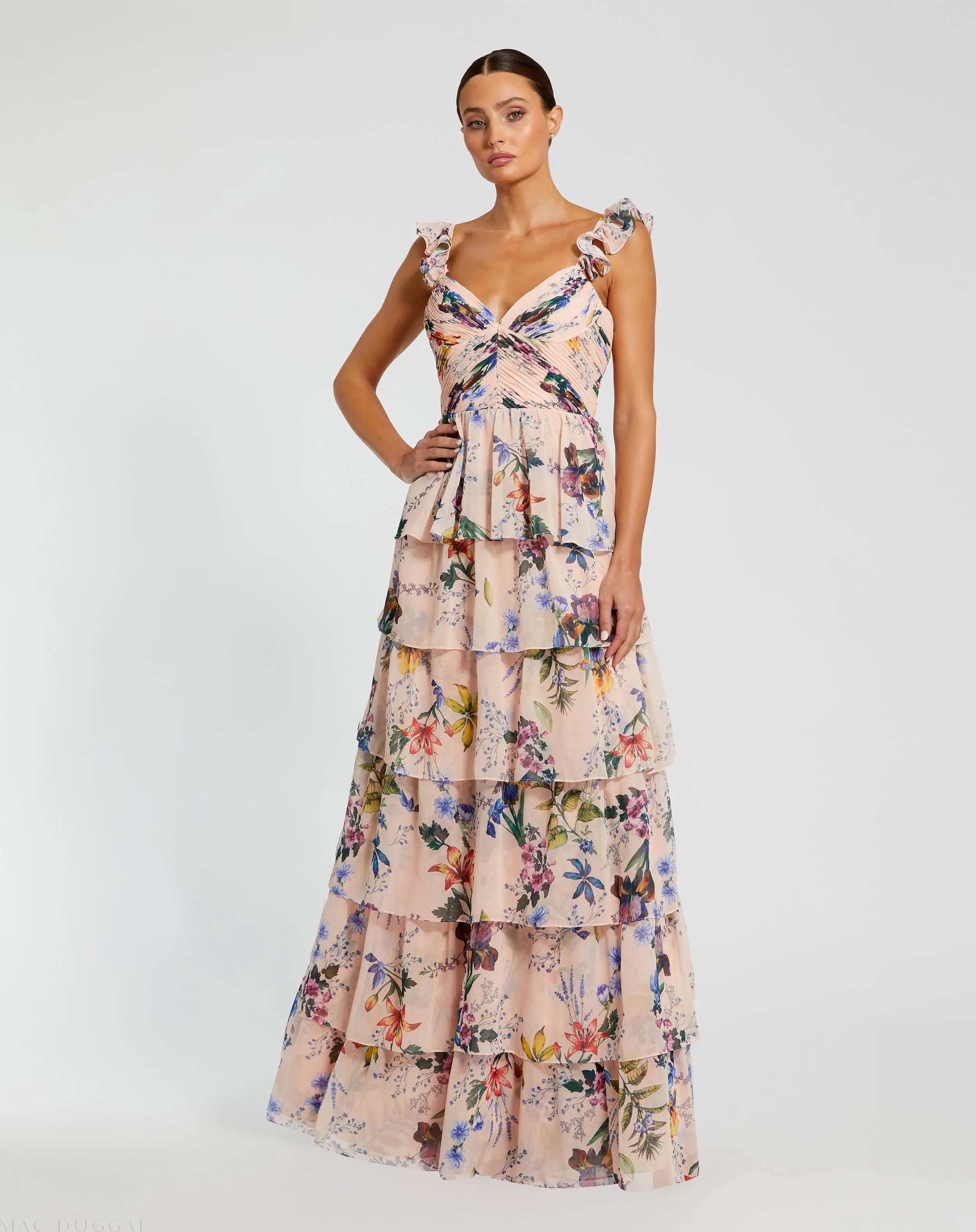 Pink Ruffle Sleeveless Chiffon Tiered Floral Print Gown-Myartka