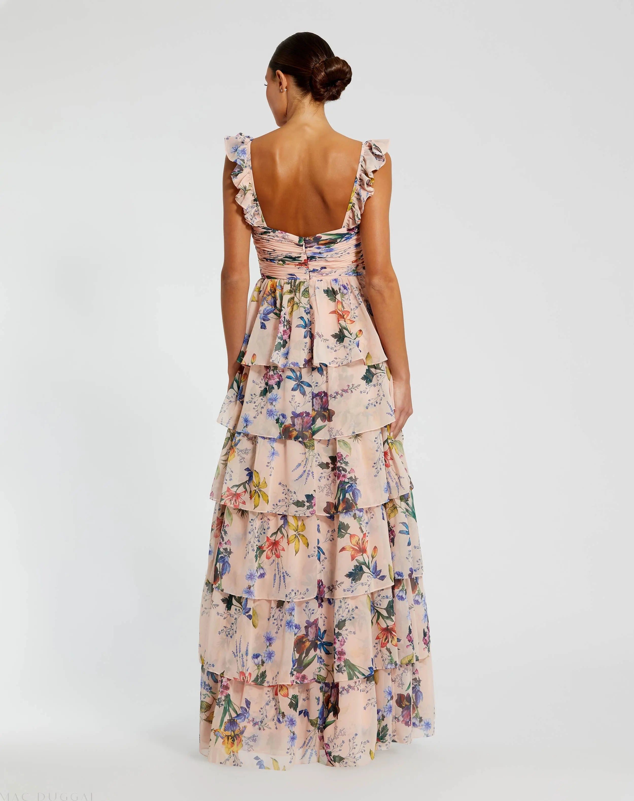 Pink Ruffle Sleeveless Chiffon Tiered Floral Print Gown-Myartka