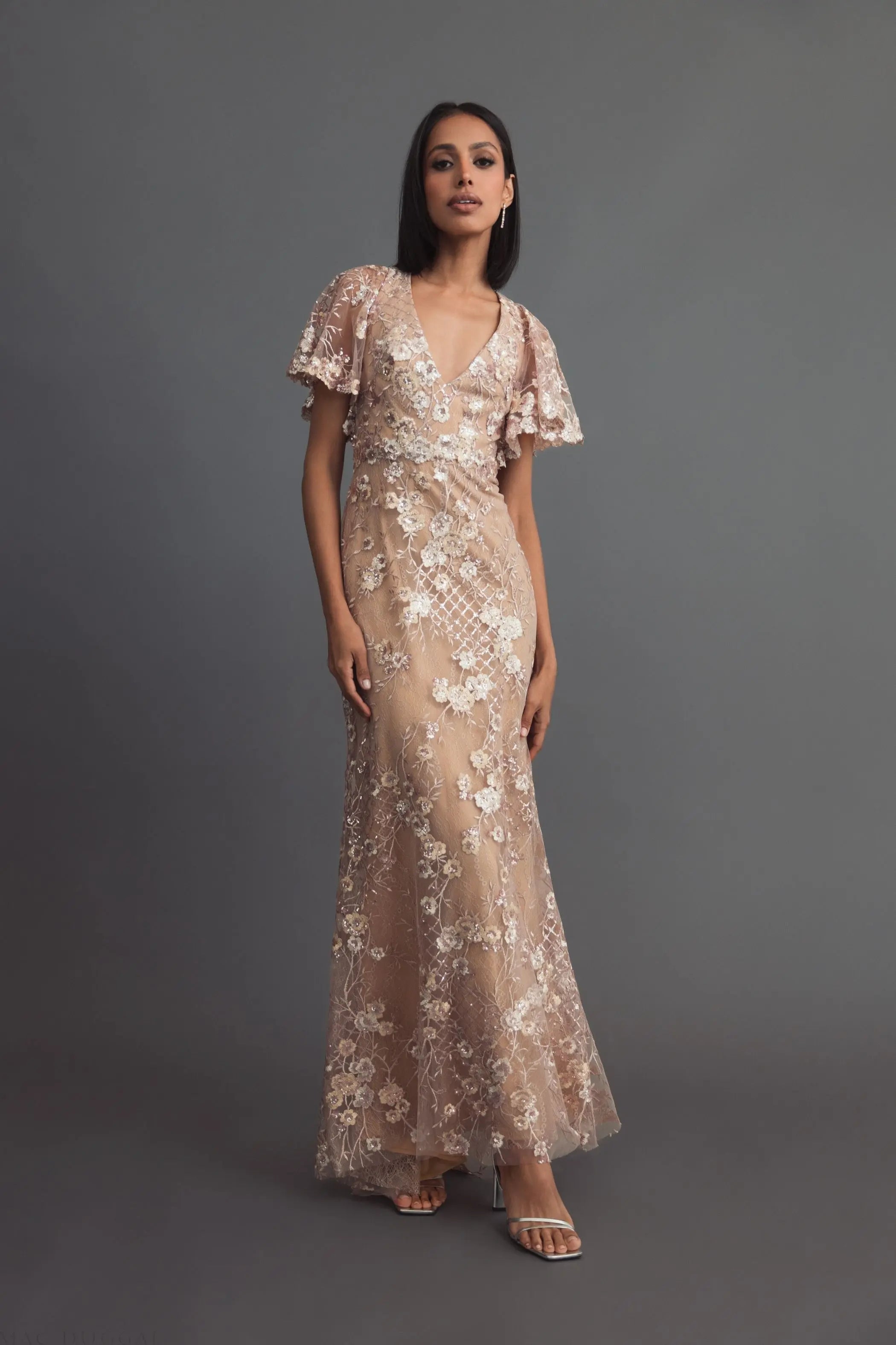 Pink Embellished Lace V Neck Butterfly Sleeve Gown-Myartka