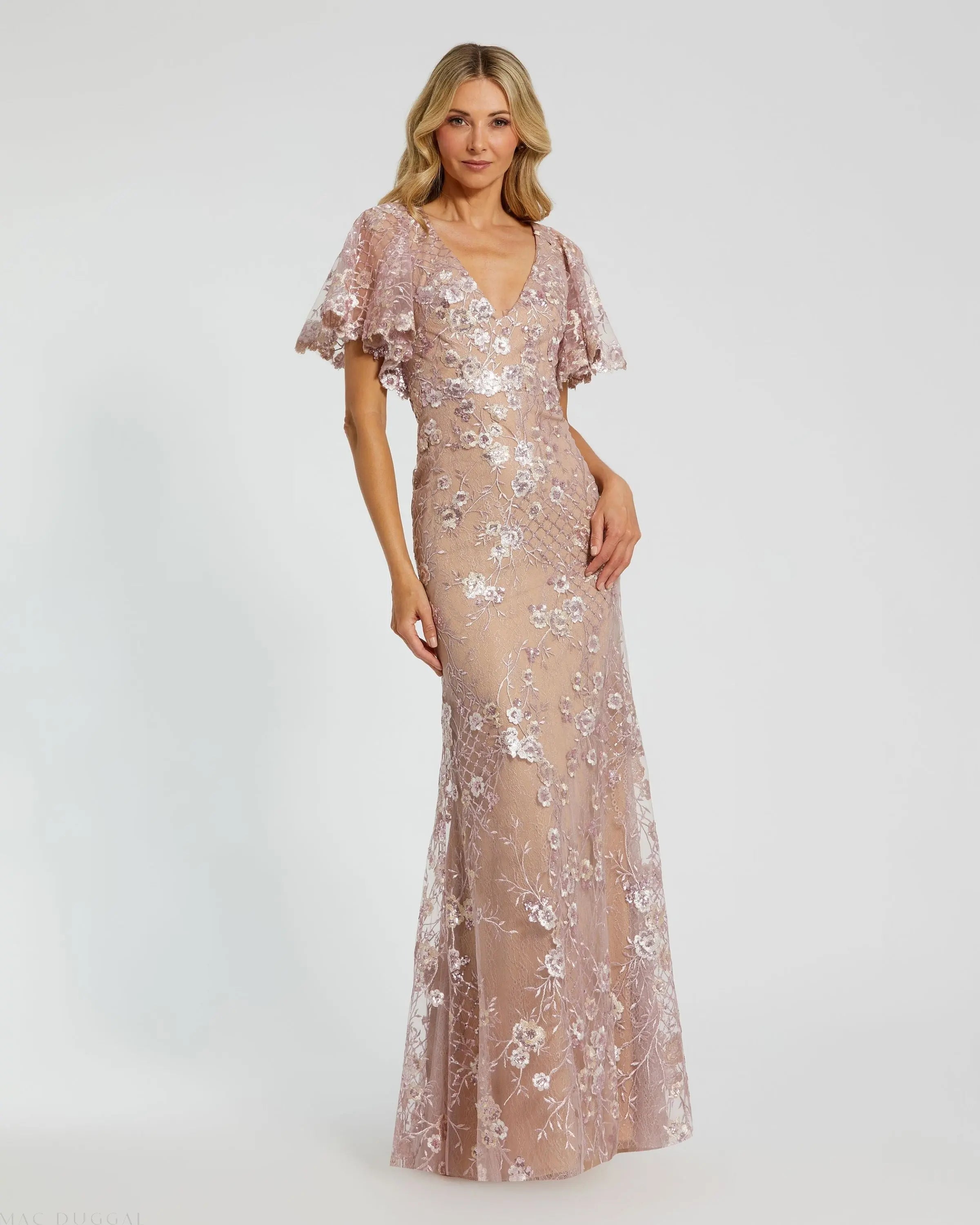Pink Embellished Lace V Neck Butterfly Sleeve Gown-Myartka