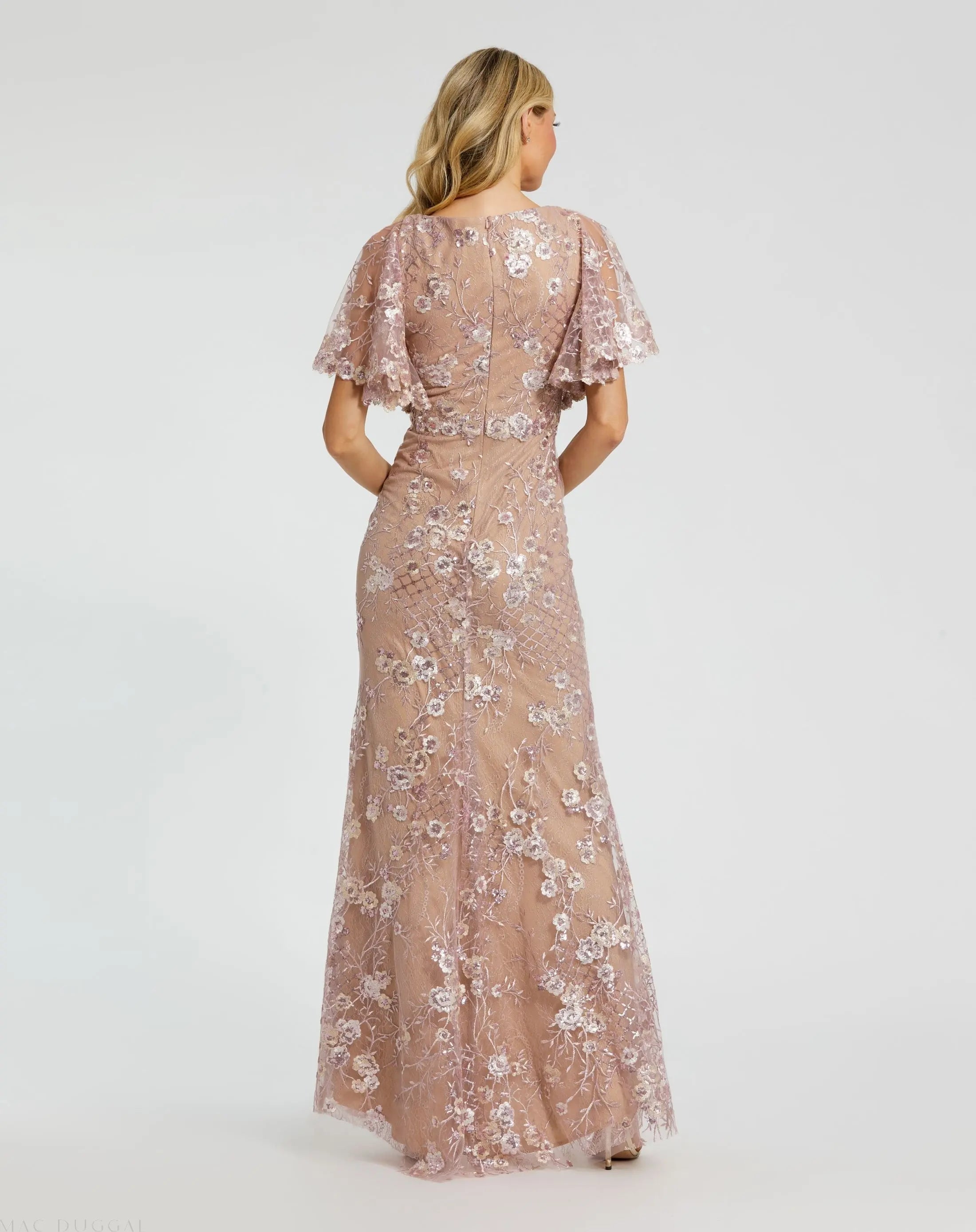 Pink Embellished Lace V Neck Butterfly Sleeve Gown-Myartka