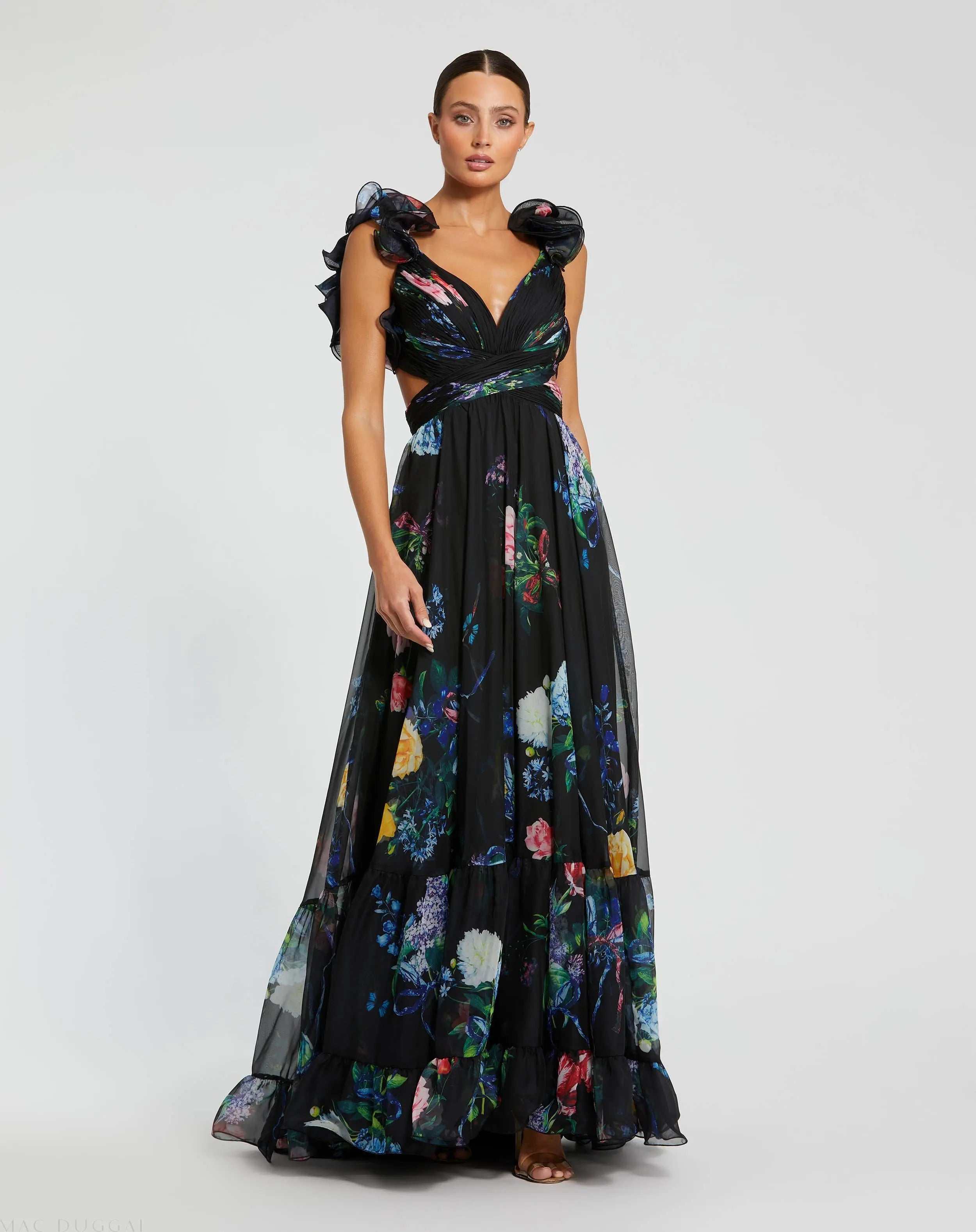 Black Ruffle Tiered Floral Cut-Out Chiffon Gown-Myartka