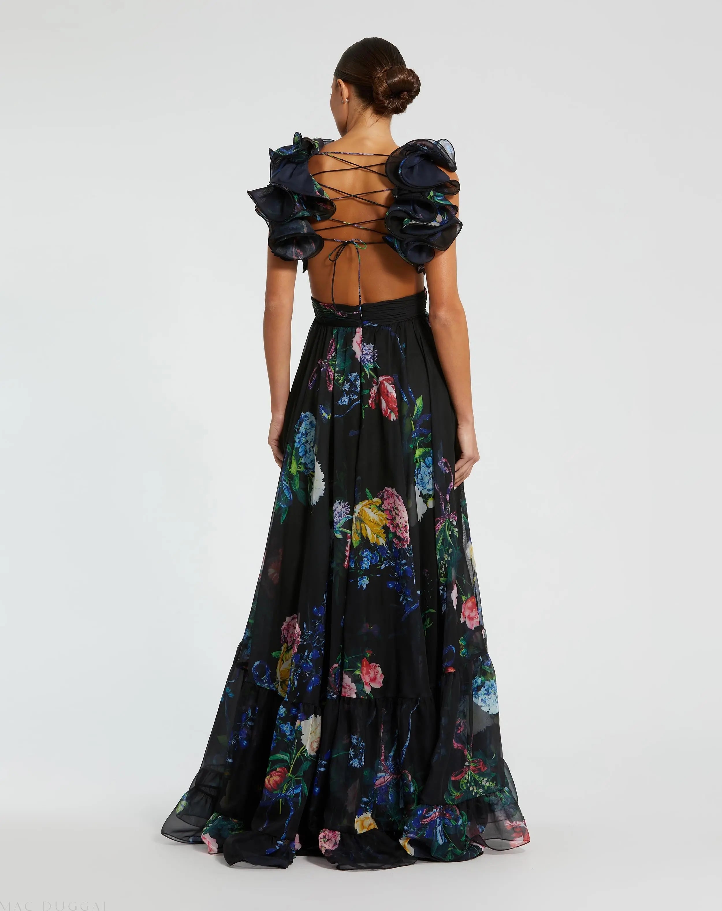 Black Ruffle Tiered Floral Cut-Out Chiffon Gown-Myartka
