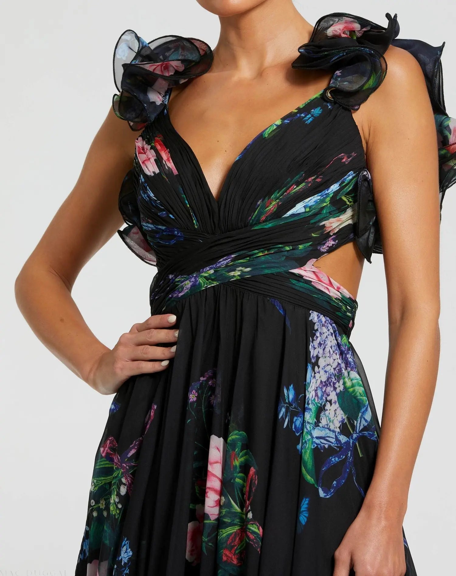 Black Ruffle Tiered Floral Cut-Out Chiffon Gown-Myartka
