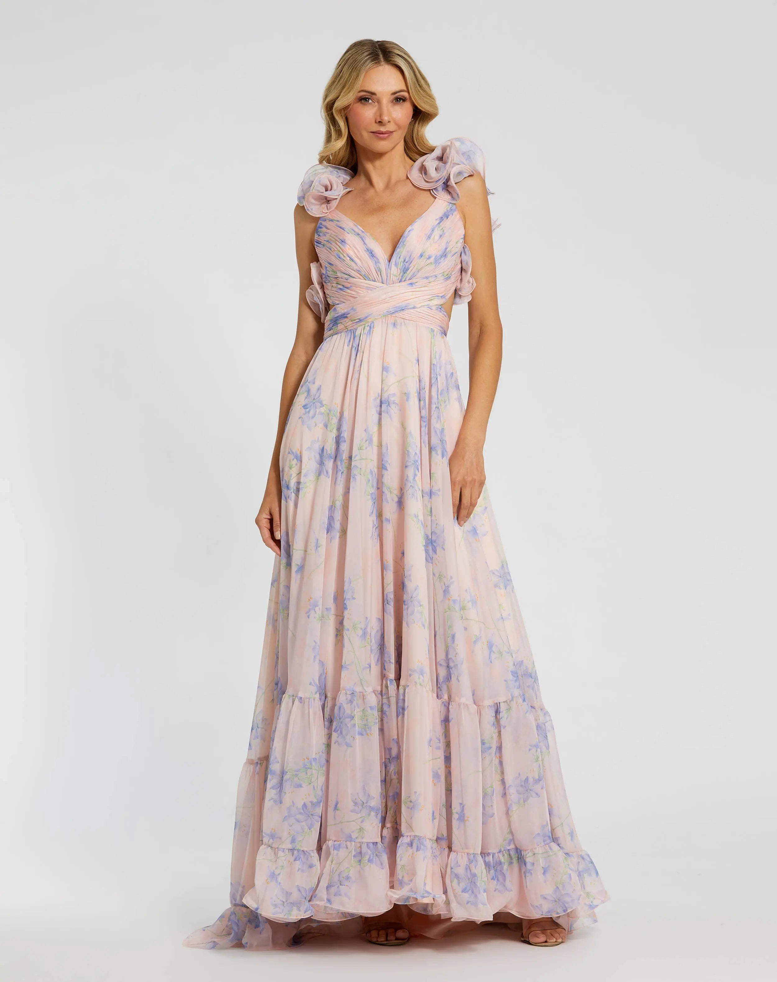 Light Pink Ruffle Tiered Cut-Out Chiffon Floral Gown-Myartka