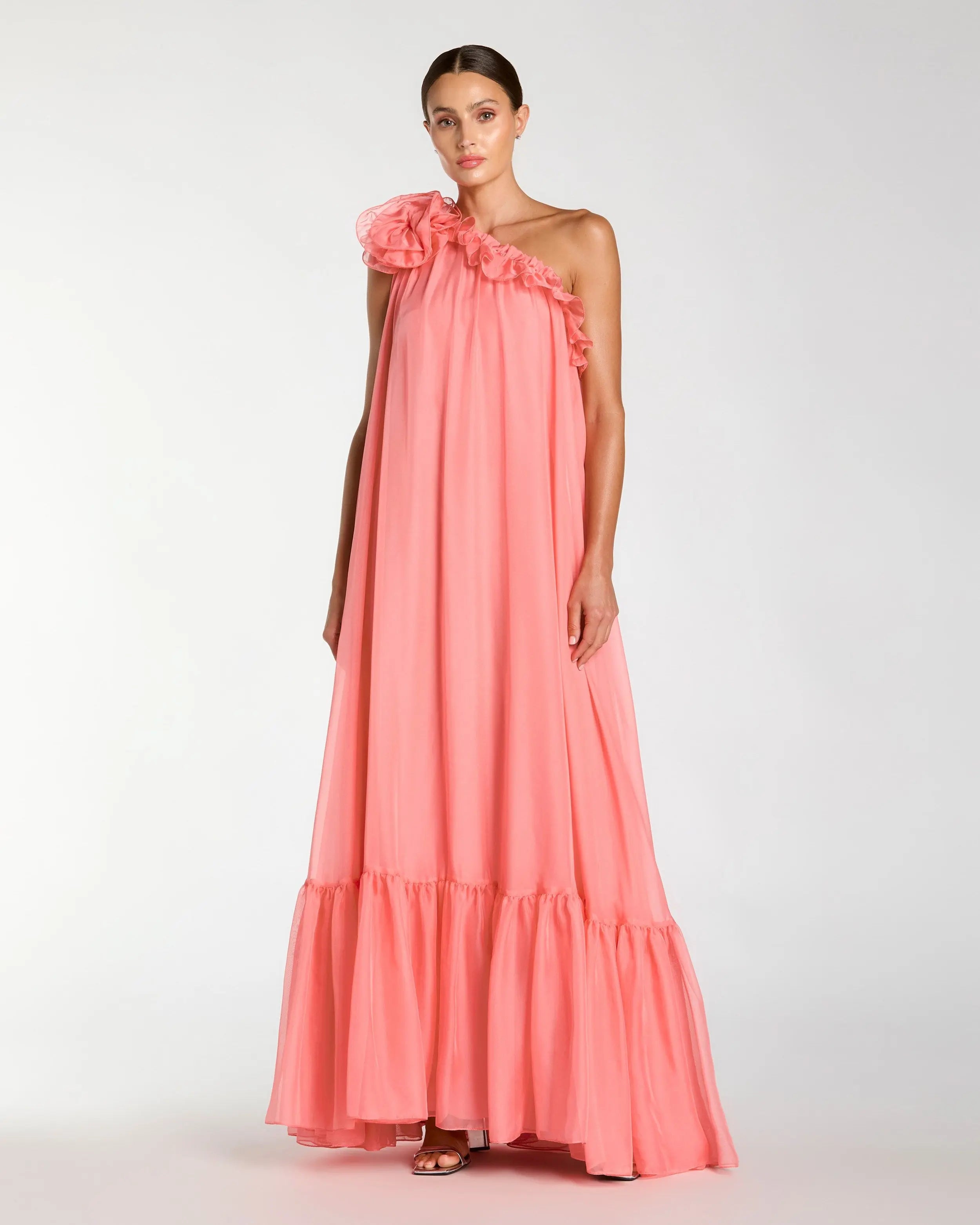 Pink One Shoulder Chiffon Gown With 3D Rosette-Myartka