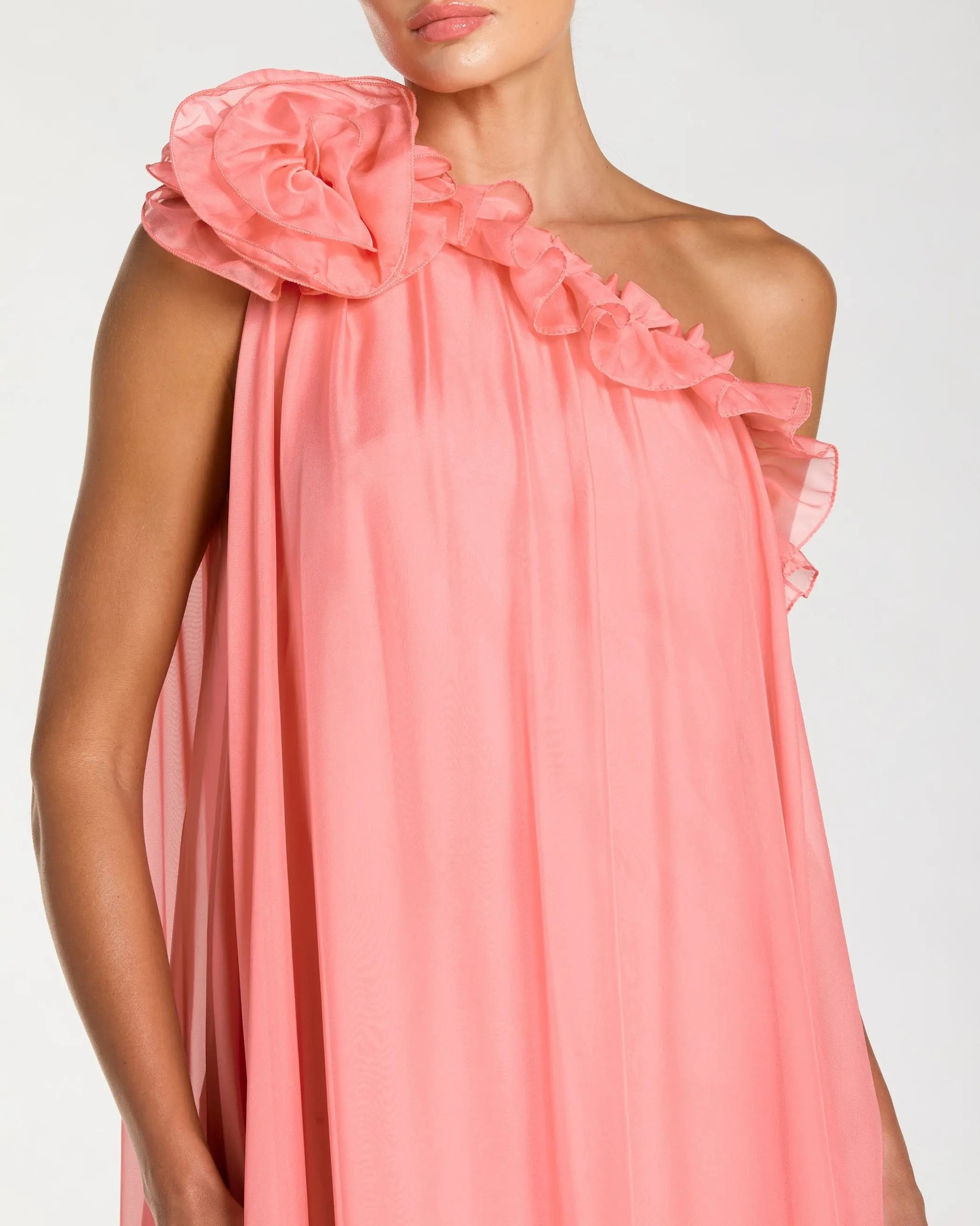 Pink One Shoulder Chiffon Gown With 3D Rosette-Myartka